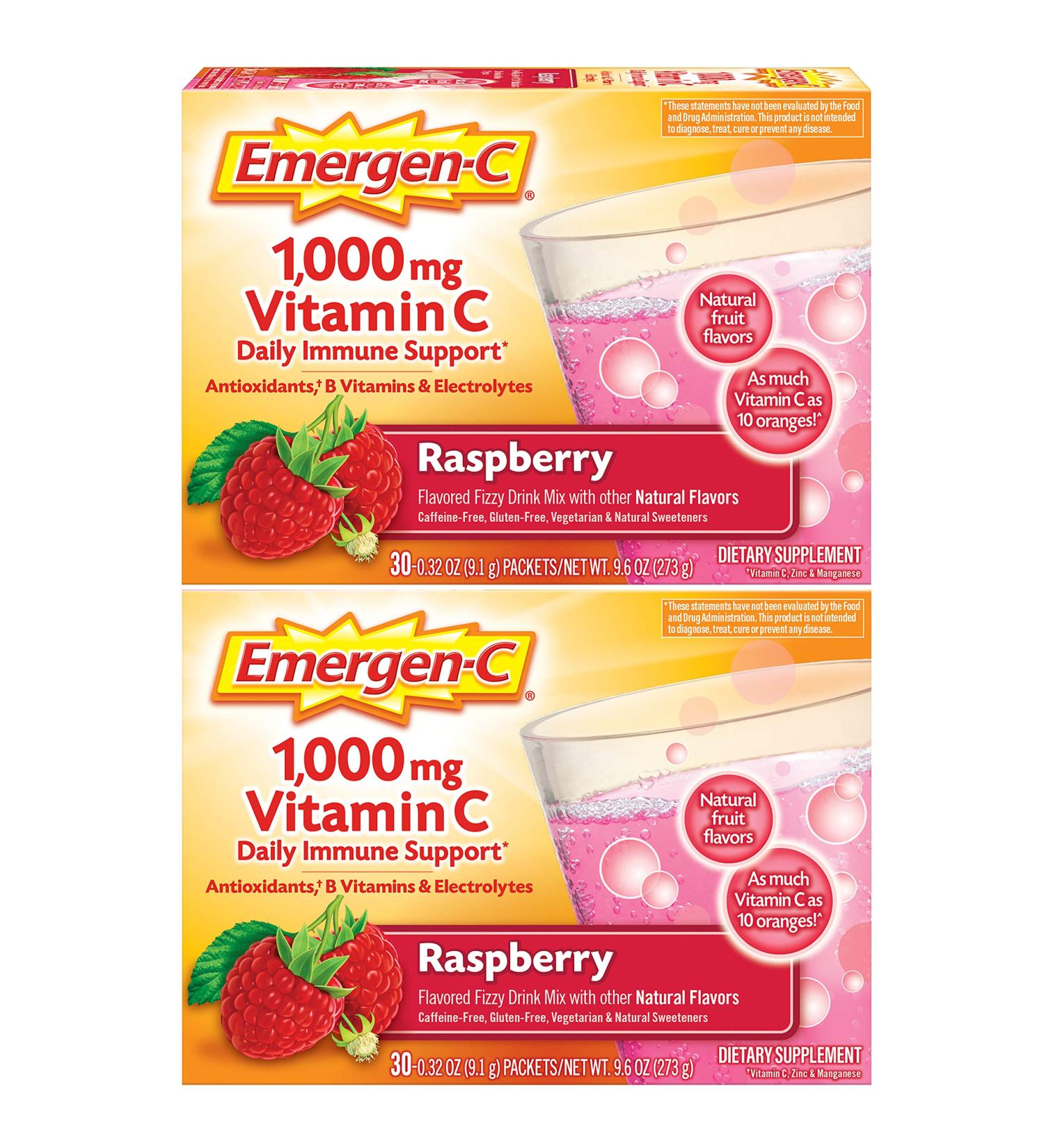 Emergen-C 1000mg Vitamin C Powder with Antioxidants, B Vitamins, Electrolytes - Raspberry Flavor, 60 Count - Buy Online on GoSupps.com