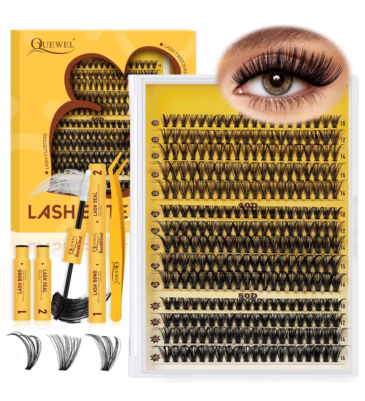 QUEWEL Clusters-Lashes Kit 30+40+50D Lash Clusters Mixed 10-16mm D Curl Eyelashes-Individual Kit with Waterproof Lash Bond and Seal and Lash Tweezer DIY at Home for Beginner(30D+40D+50D-KIT) - Buy Online on GoSupps.com