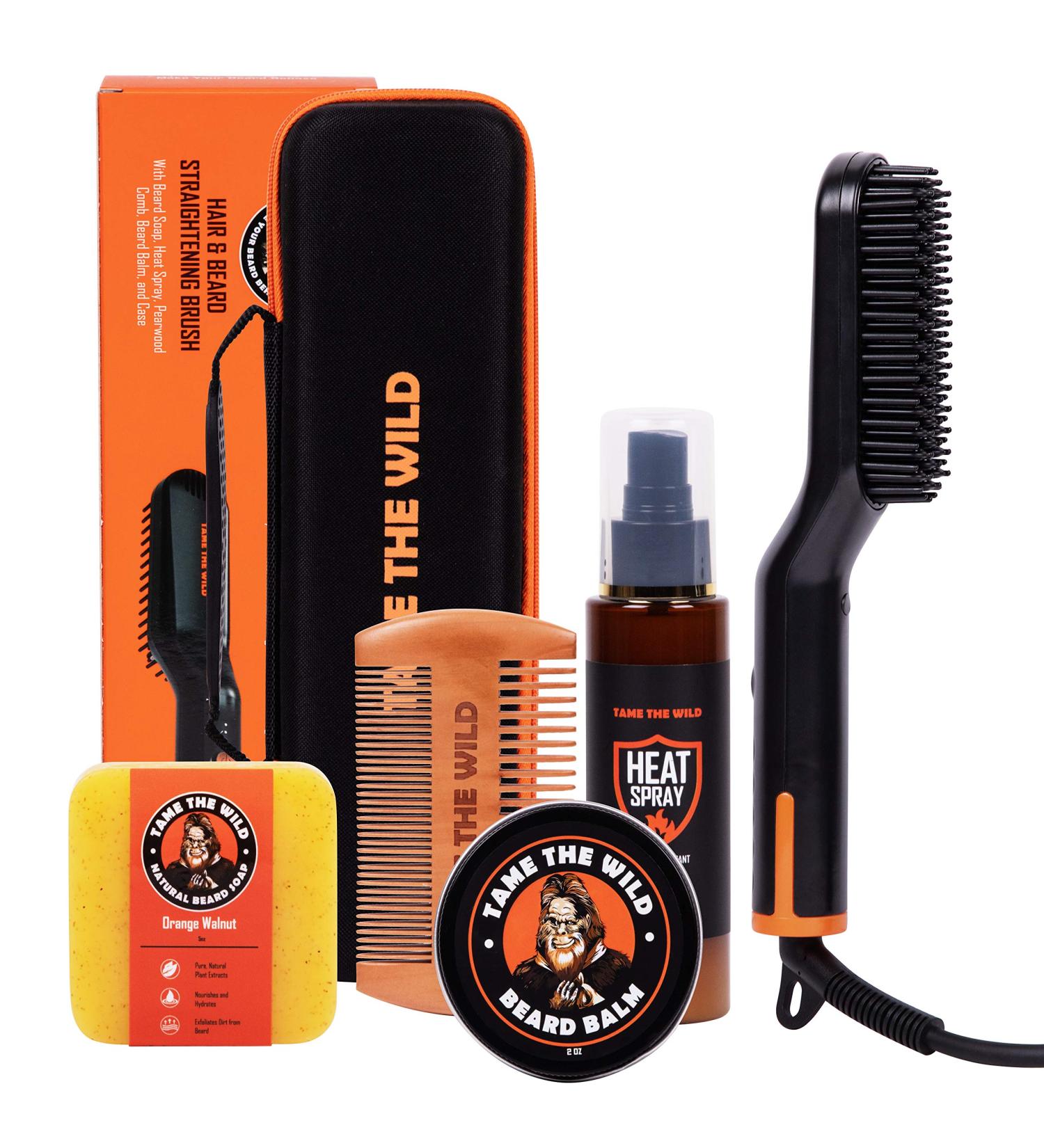 Tame the Wild Premium Beard Straightener Kit for Men - Heated Beard Brush Grooming Set with Heat Protectant, Soap, Balm, Comb, and Storage Case - Ideal Gift - Buy Online on GoSupps.com