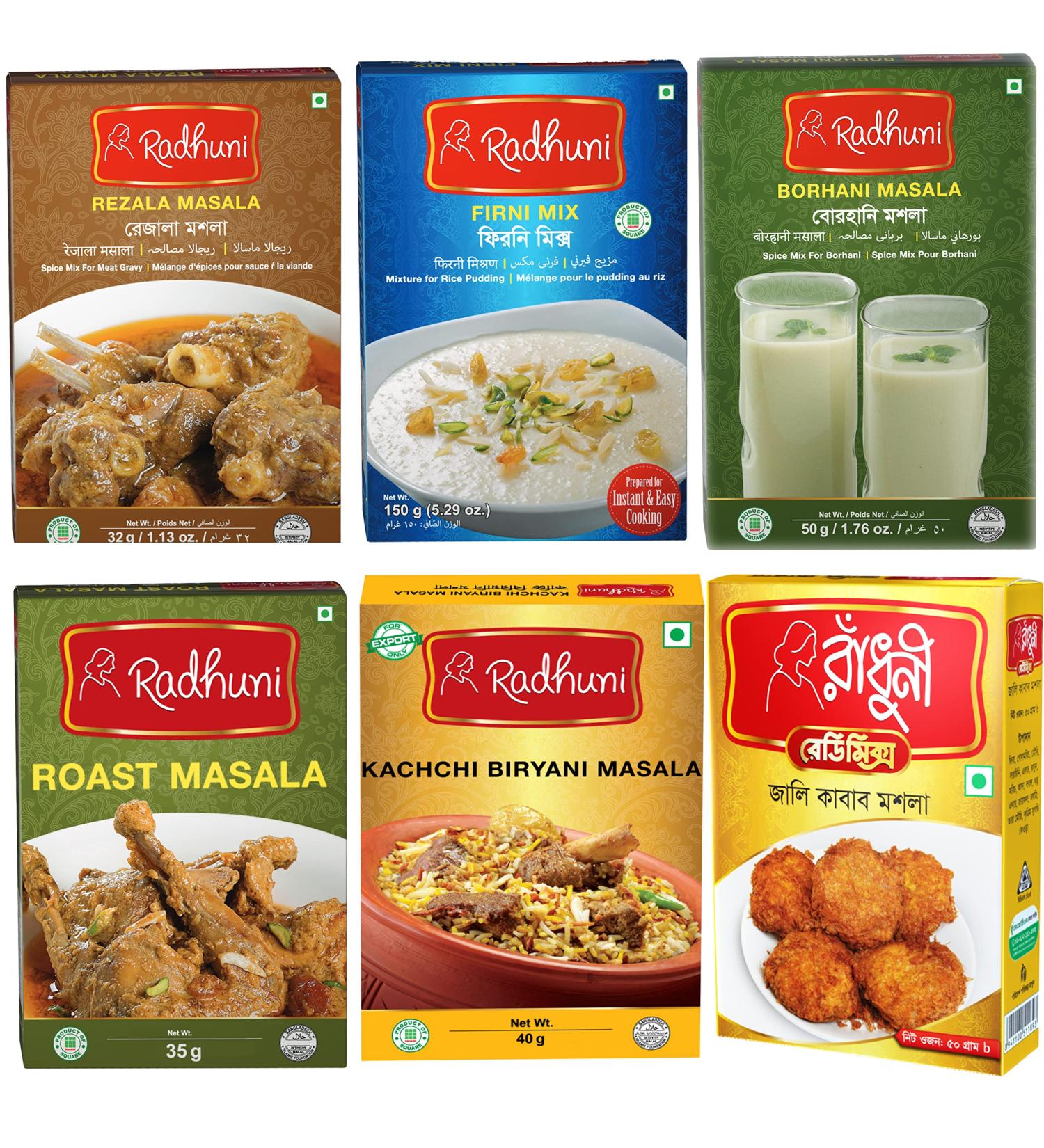 Radhuni Variety Packs: Invitation Mix 6xMulti-Packs: Kachchi Biriyani 40gm Borhani Masala 50gm Roast Masala 35gm Jali-Kebab Masala 50gm Rezala Masala 38gm & Firni Mix 150gm 6 g (Pack of 1) 6.0 - Buy Online on GoSupps.com