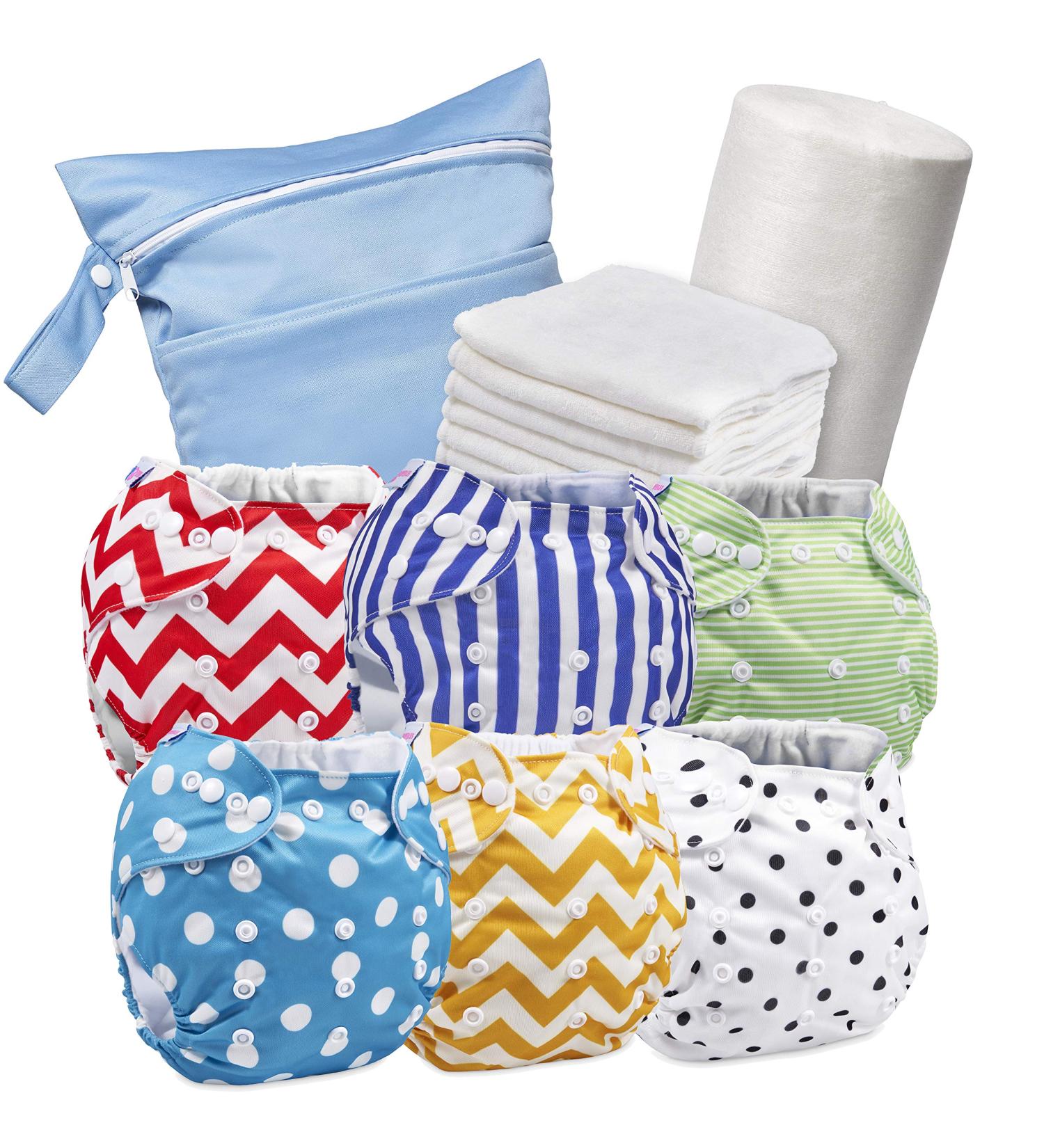Reusable Nappies - Eco Friendly and Chemical Free Cloth Nappies - Includes 6 Washable Baby Diapers 6 Bamboo Nappy Inserts 1 Roll of Biodegradable Nappy Liner Wet Bag Stripes & Polka Dots - Buy Online on GoSupps.com