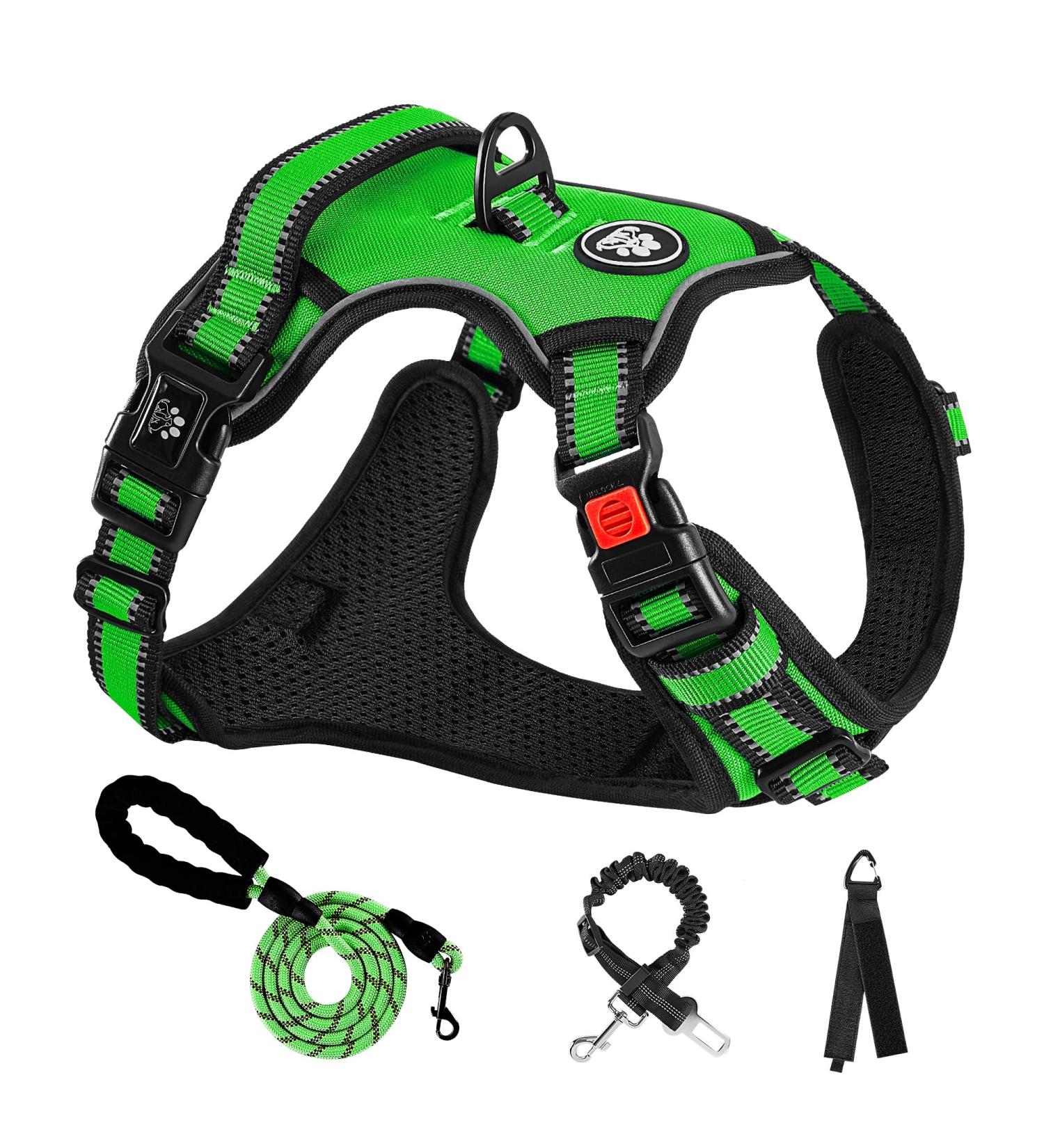 Nestroad Large Dog Harness & Leash Set - Green Adjustable Fit for Large Dogs Includes Car Seat Belt - Perfect for Neck 38-48cm & Chest 48-74cm - Buy Online on GoSupps.com