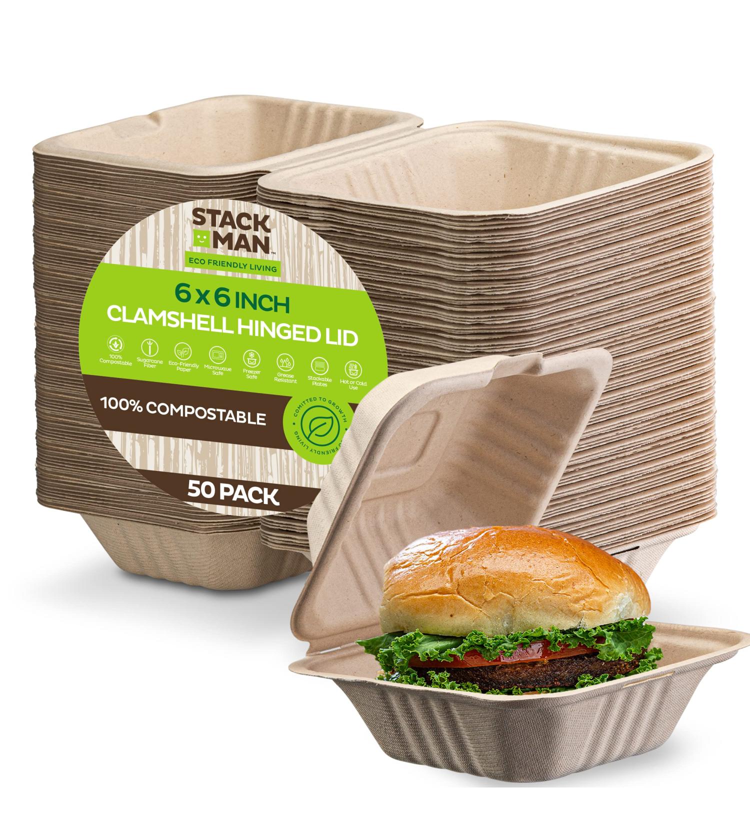 Stack Man 6x6 Compostable Clamshell Food Containers 50-Pack - Eco-Friendly Biodegradable Bagasse, Natural Disposable Take Out Containers - Heavy-Duty Quality To Go Containers - Buy Online on GoSupps.com
