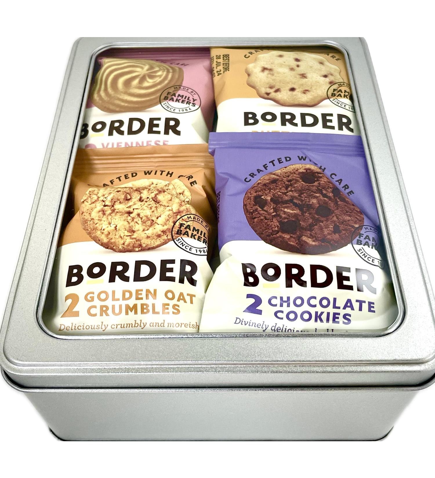 12 Packs of Delicious Borders Cookies:- Chocolate Chip Butternut Crunch Viennese Whirls & Golden Oat Crumbles all Packed into a Handy Reusable Keepsake Foodsafe Tin - Buy Online on GoSupps.com
