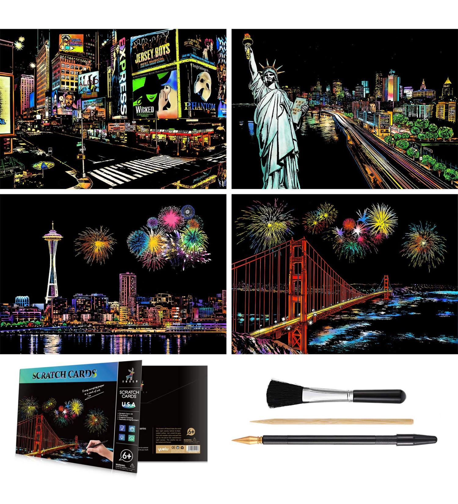 Rainbow Scratch Art Painting Paper (A4) Kit - Night View Scratchboard Set | 4 Sheets + Drawing Pen & Brush | Great for Kids & Adults (U.S.A) - Buy Online on GoSupps.com