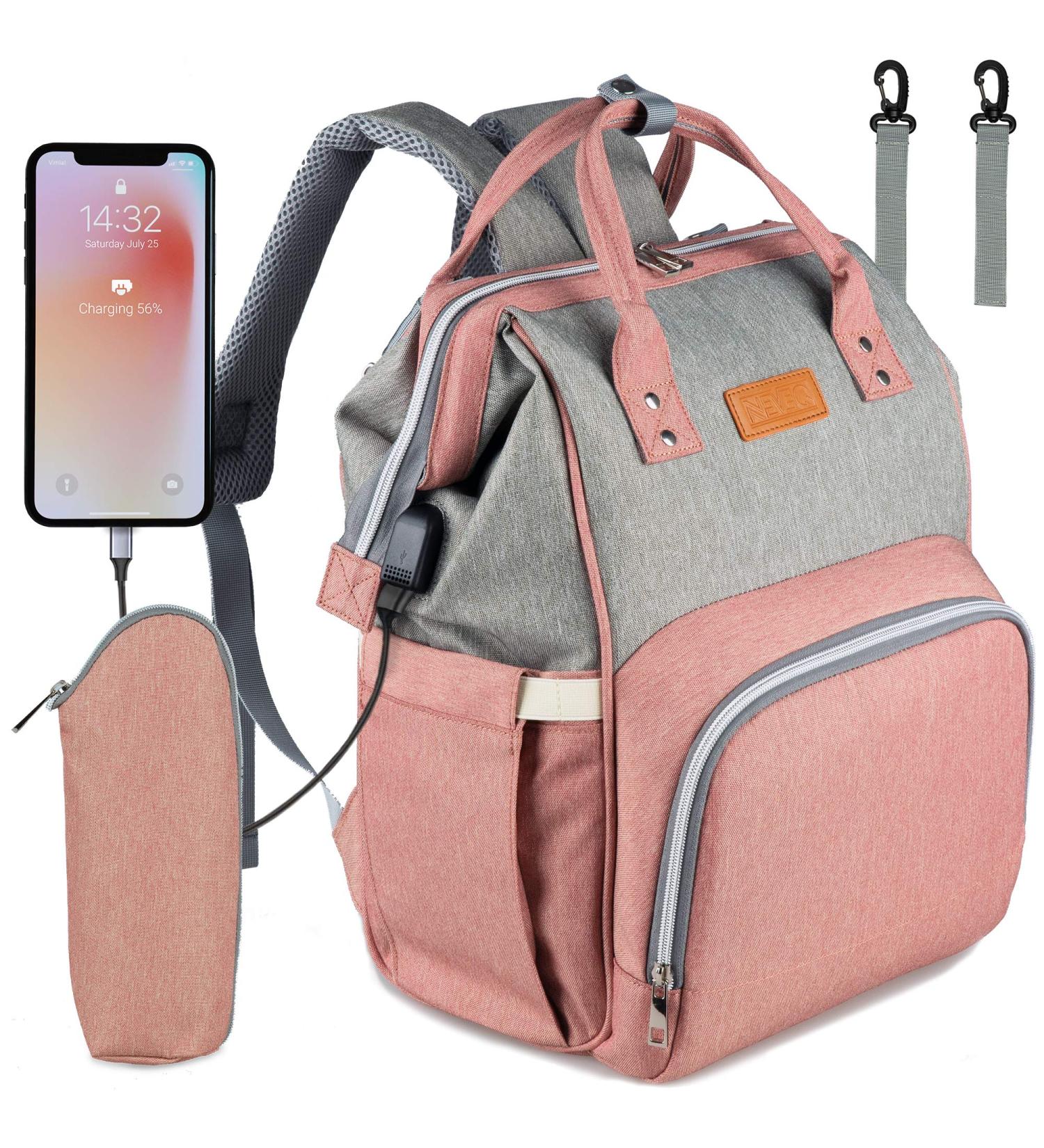 NEVEQ Babilation Wicking Pack | Large Capacity Multi-Compartment Travel Backpack for Diapers | Waterproof Baby Bag with Fan & Flasher - Gray & Pink - Buy Online on GoSupps.com