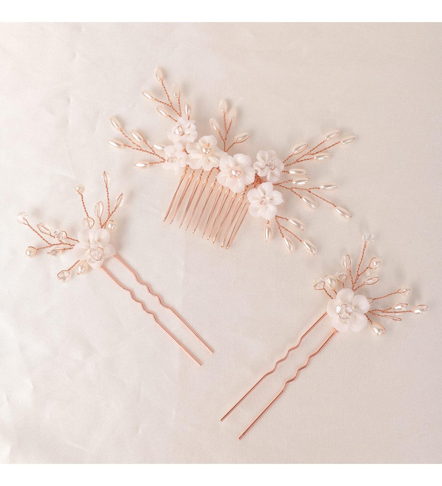 BERYUAN Bridal White Flowers Pearls Rhinestone Beads Hair Comb Pins Set Pearls Rhinestone Wedding Hair Accessories Flowers Pearls Bridal Headpiece for Brides Bridesmaid Girls (rose gold) - Buy Online on GoSupps.com