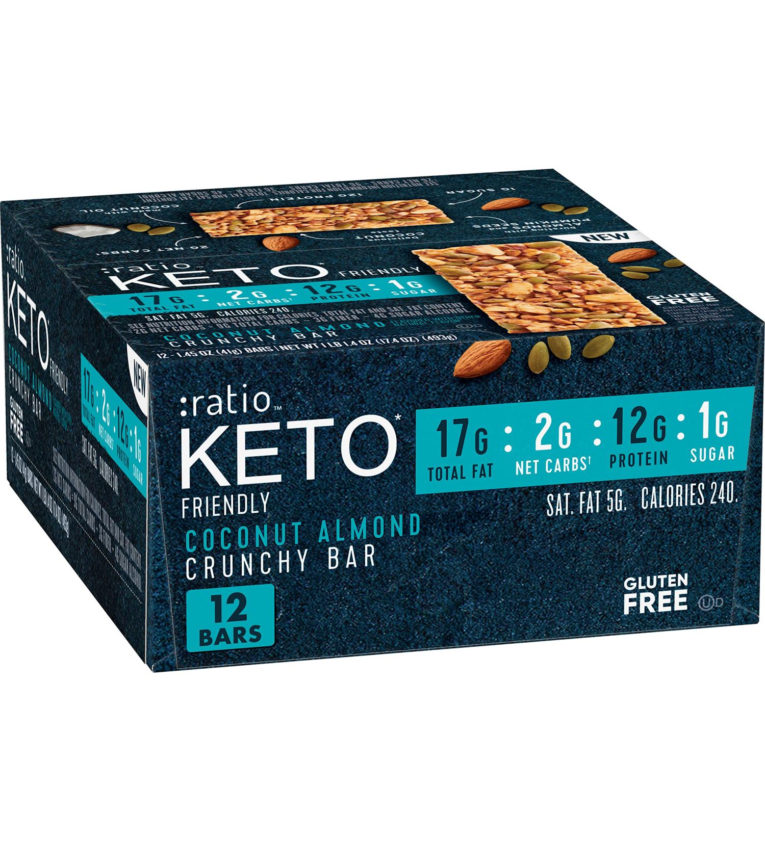 Ratio Keto Friendly Crunchy Bars - Coconut Almond - Gluten Free Snack - 1.45 oz - 12 ct - Buy Online on GoSupps.com