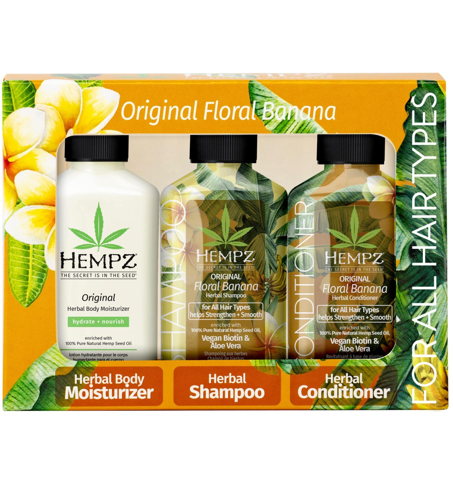 HEMPZ Original Shampoo Conditioner and Body Lotion Trio Set - Floral & Banana - Hair & Skin Care Product Pack Hemp Seed Oil - 2.25 fl oz 3-Pack Bundle