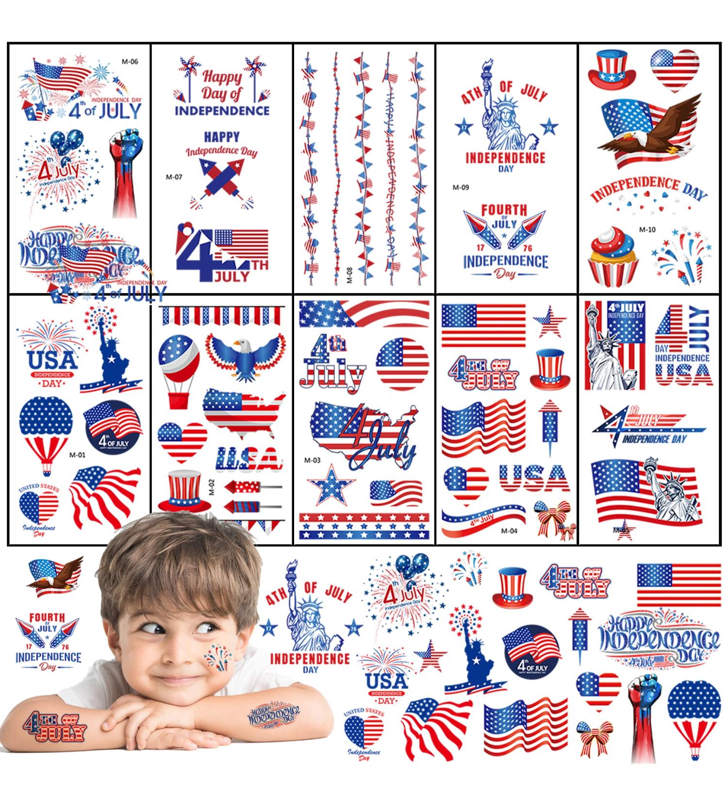 60Pcs American Flag Temporary Tattoo Sticker Set - Waterproof Red, White, and Blue Patriotic Decorations for 4th of July Independence Day Theme Party - Buy Online on GoSupps.com