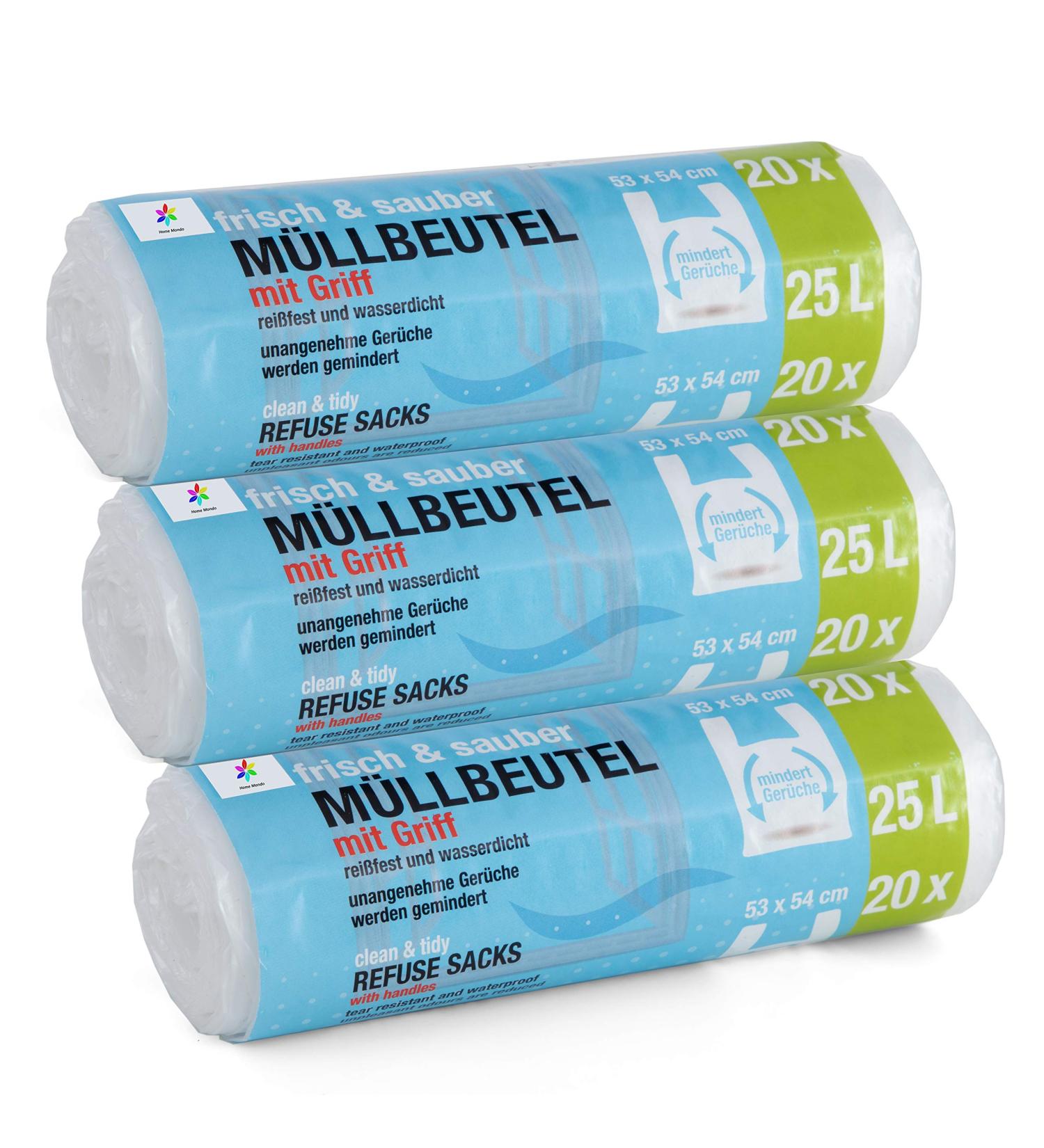 Premiumline 60pcs Garbage Bags 25L - Tear-Resistant & Waterproof - 3 Pack 53x54cm with Stretcher Handles | International Shipping Available - Buy Online on GoSupps.com