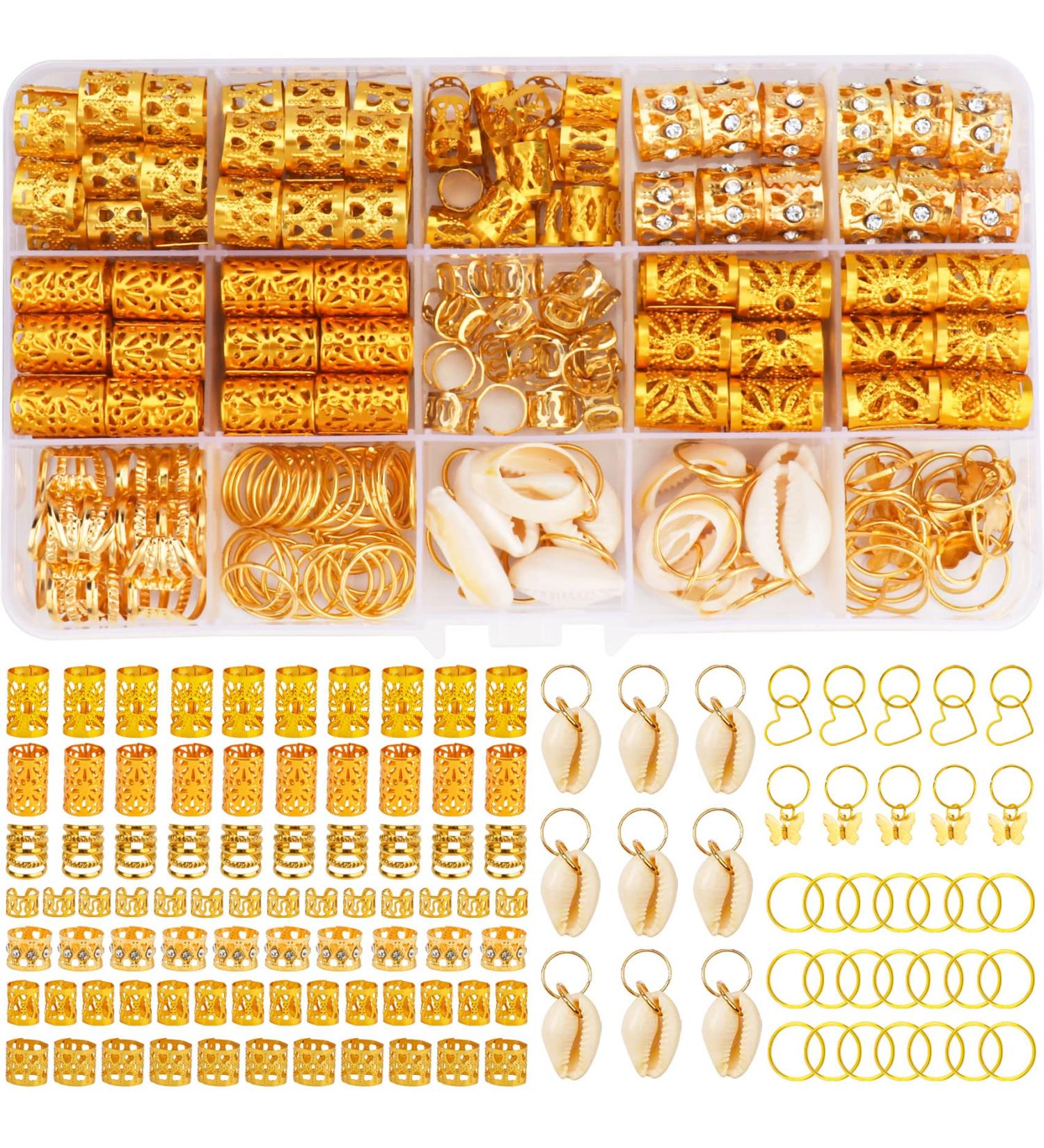 202 Pcs Women's Hair Jewelry for Braids, Locs, and Dreadlocks - Gold Hair Accessories for Hair Rings, Beads, Cuffs, Shells, and Clips - Buy Online on GoSupps.com