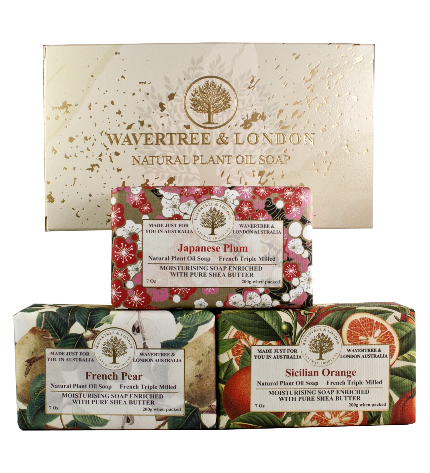 Wavertree & London Trio Gift Box - 3 Natural Soap Bars (7oz) - Japanese Plum French Pear Sicilian Orange - Moisturizing Triple Milled Soap for All Skin Types - Buy Online on GoSupps.com