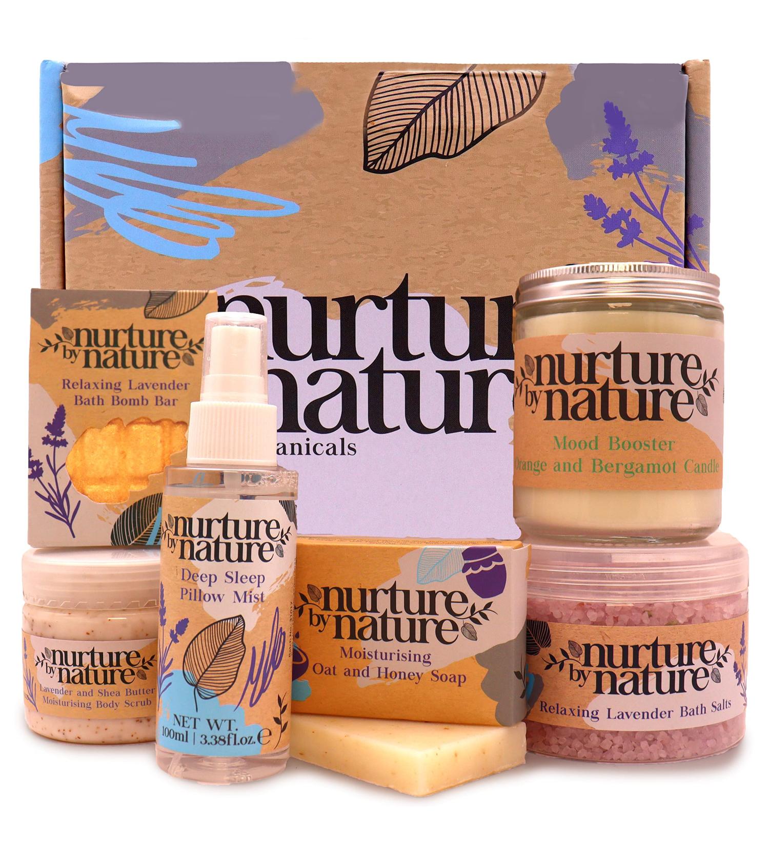 Nurture By Nature Relax & Calm Pamper Gift Basket for Women | Lavender Essential Oils, Bath Salts, Soap, Bath Bombs, Candle & More | Perfect Mother's Day Gift - Buy Online on GoSupps.com