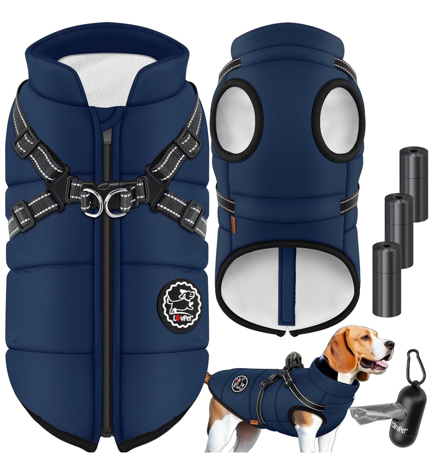 Lovpet Dog Jacket & Coat - 45 Feces Bags Included | Waterproof Padded Winter Vest with Reflectors & D-Ring | 2XL Navy Blue - Buy Online on GoSupps.com
