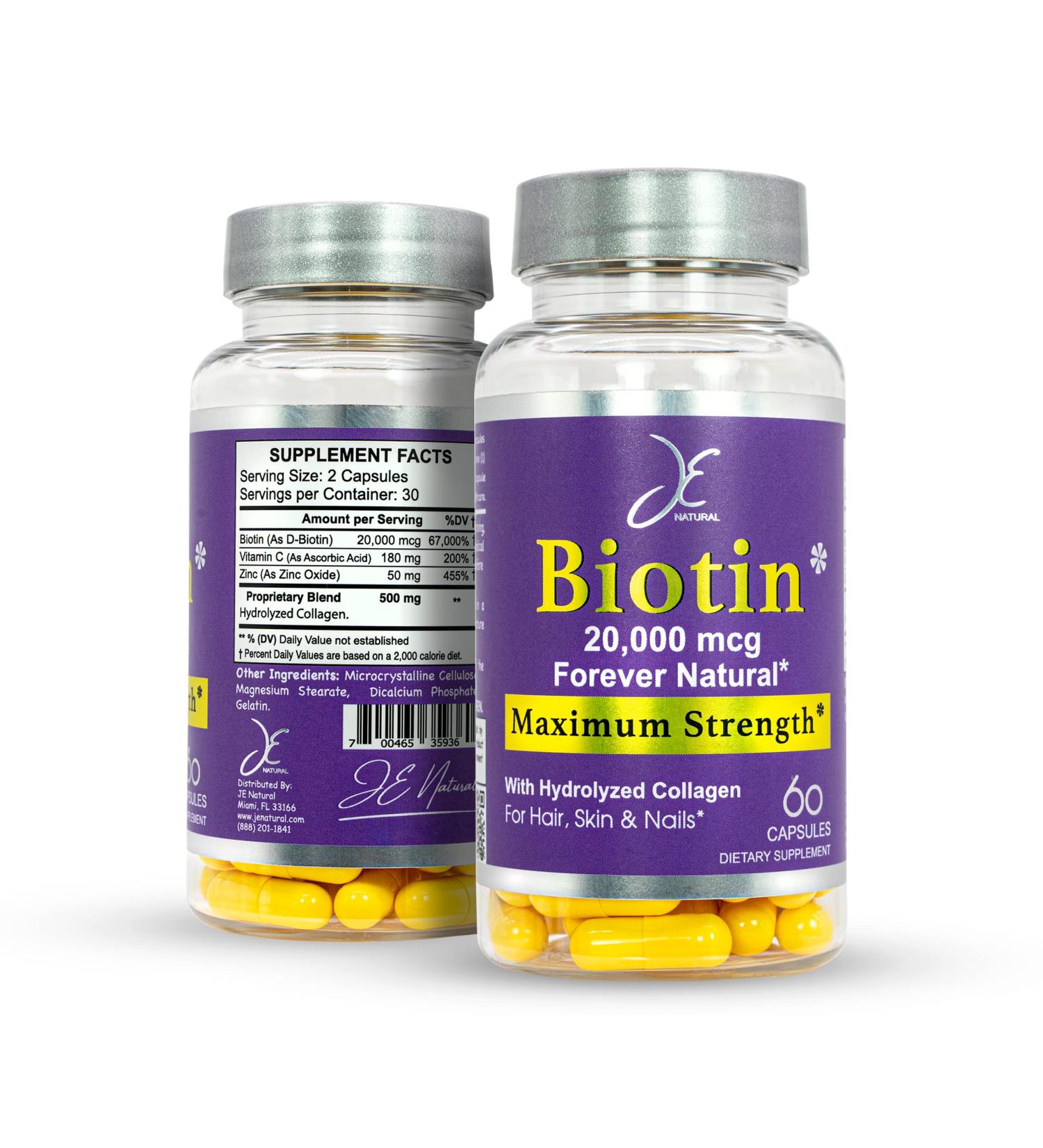 JE Natural Biotin Hair Skin and Nails Vitamins - 60 Capsules | 20000mcg with Collagen, Vitamin C, Zinc | Faster Hair Growth | Postpartum Hair Loss Solution | Women and Men's Supplements - Buy Online on GoSupps.com