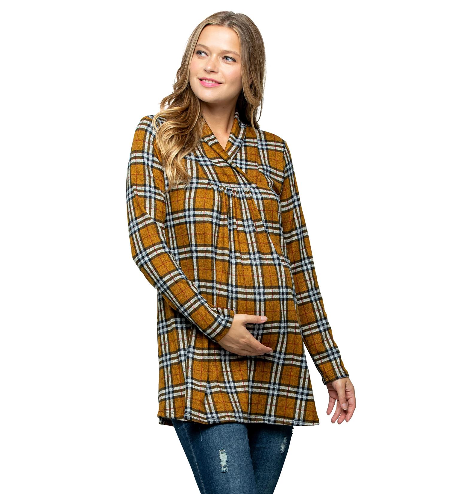 My Bump Maternity Sweater - High Neck Shawl Collar Tunic Top | S Mustard/Blk Lbak USA-Made - Buy Online on GoSupps.com