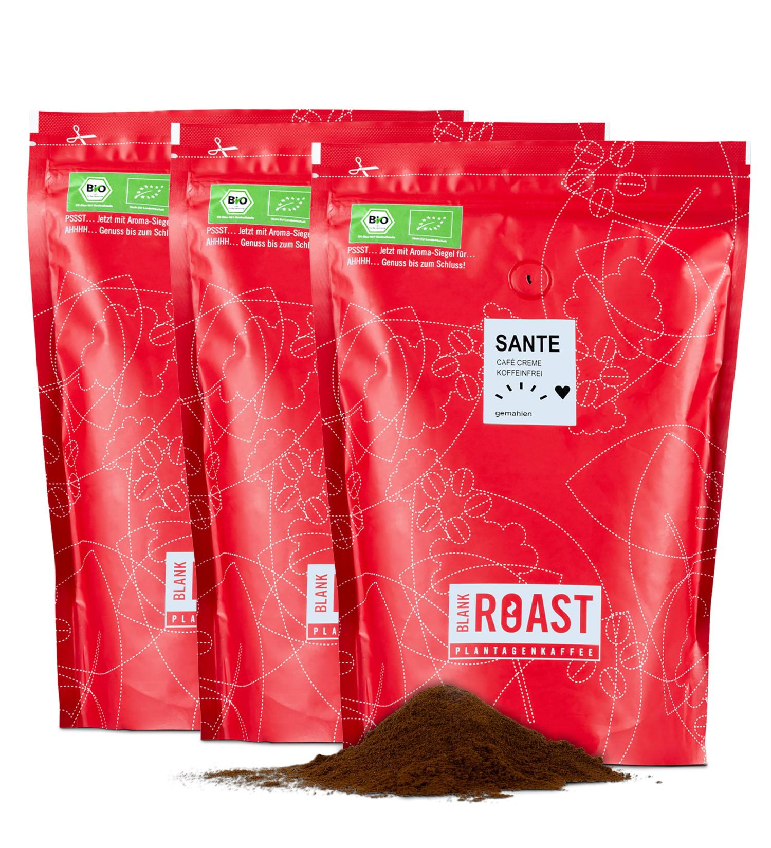 Blank Roast Sante 1kg (3-Pack) - Organic Caffeine-Free 100% Arabica Ground Coffee from Peru - Gentle Decaf with Full Crema - Eco-Friendly & Low Acidity - Buy Online on GoSupps.com