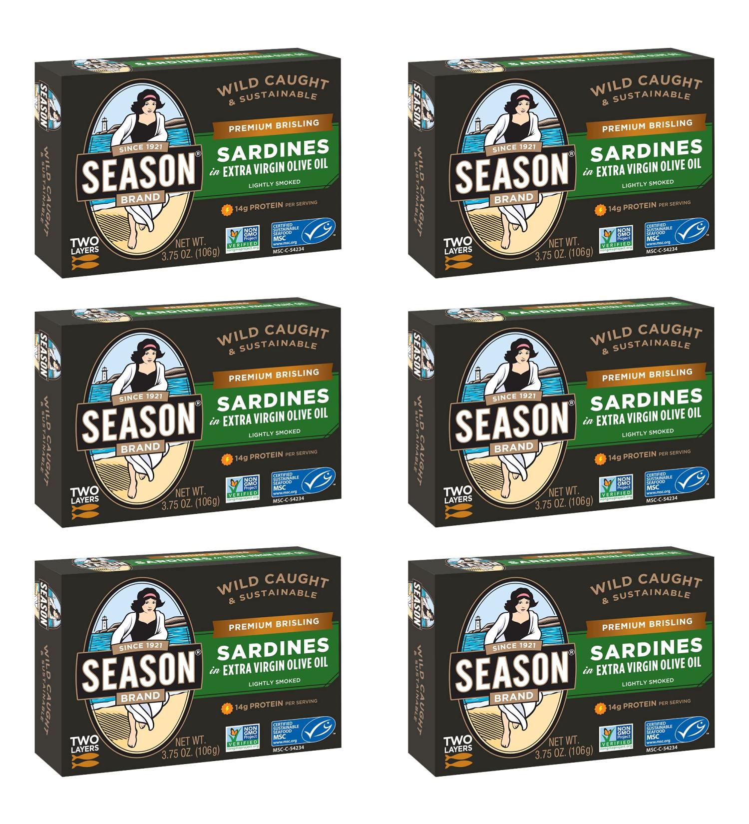 Season Brisling Sardines in Pure Olive Oil - Pack of 6 Tins (3.75 oz Each) | Premium Seafood - Buy Online on GoSupps.com