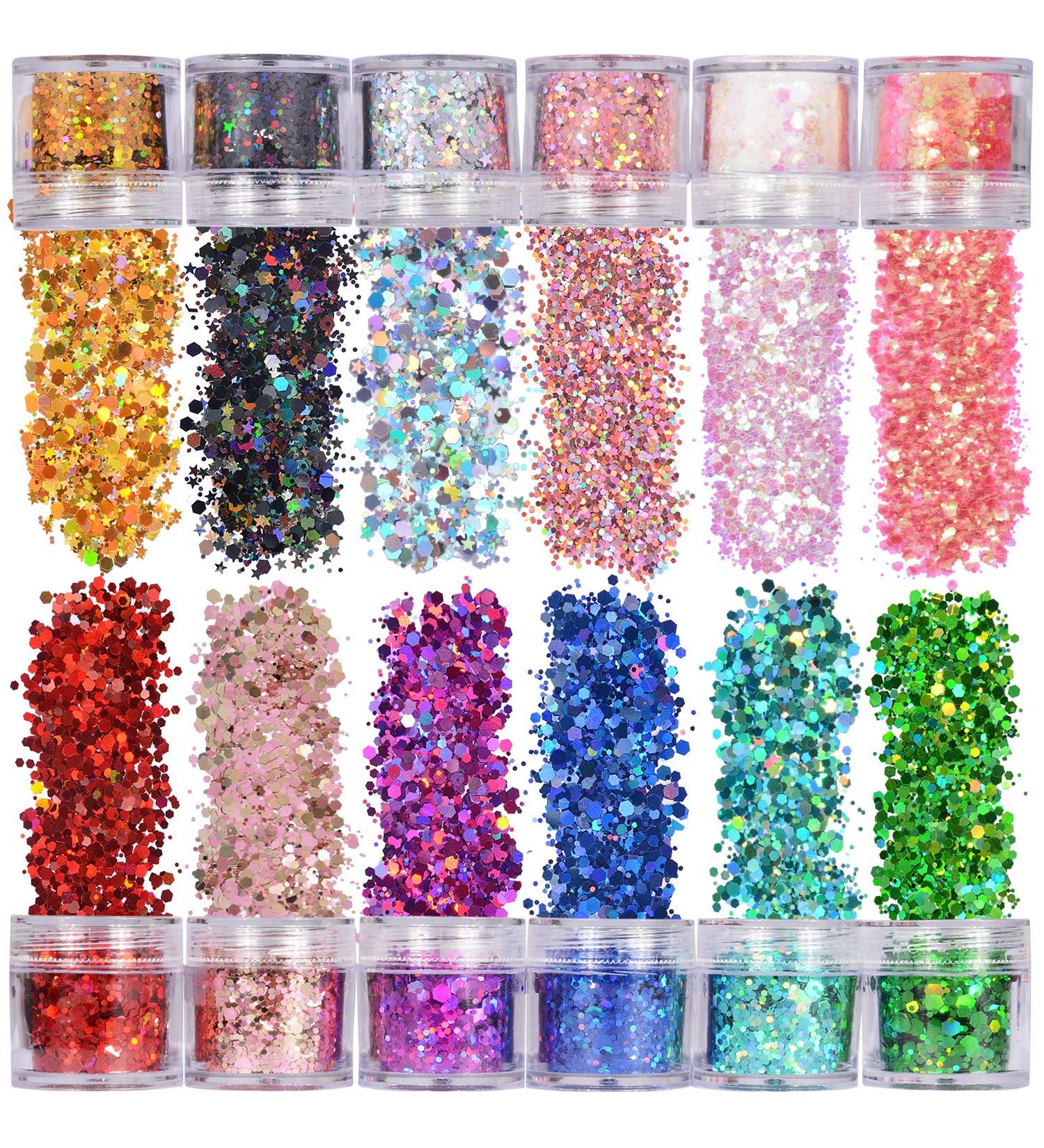 Warmfits Holographic Chunky Glitter Set A - 12 Colors 120g for Face, Body, Eyes, Hair, Nails - Festival Glitter Stars and Hexagons - 4.23oz (Pack of 12) - Buy Online on GoSupps.com