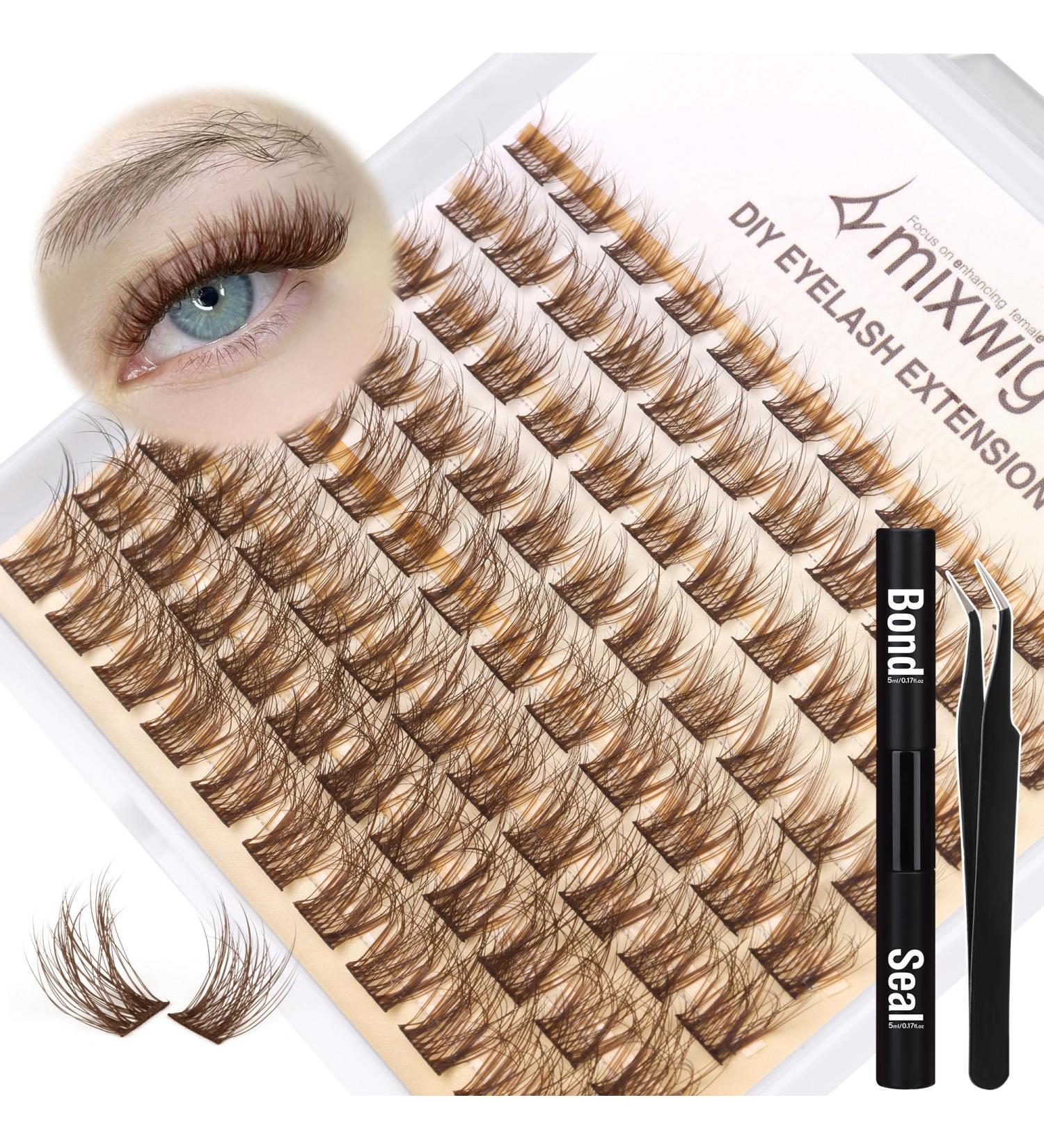 Brown Lashes Clusters Kit | Natural Fluffy Brown Eyelash Extensions CC Curl | 8-16MM Individual Lashes with Bond Seal & Applicator - 49-C-BROWN - Buy Online on GoSupps.com