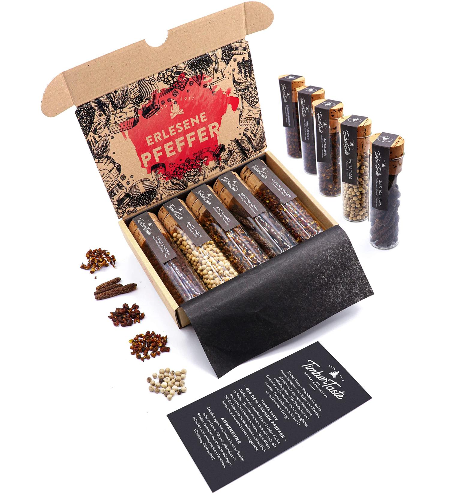 Timber Taste Pfeffer Gift Set - 5 Exquisite Peppers from Around the World | Perfect Easter Gift for Adults & Pepper Lovers | Noble Pepper Selection - Buy Online on GoSupps.com