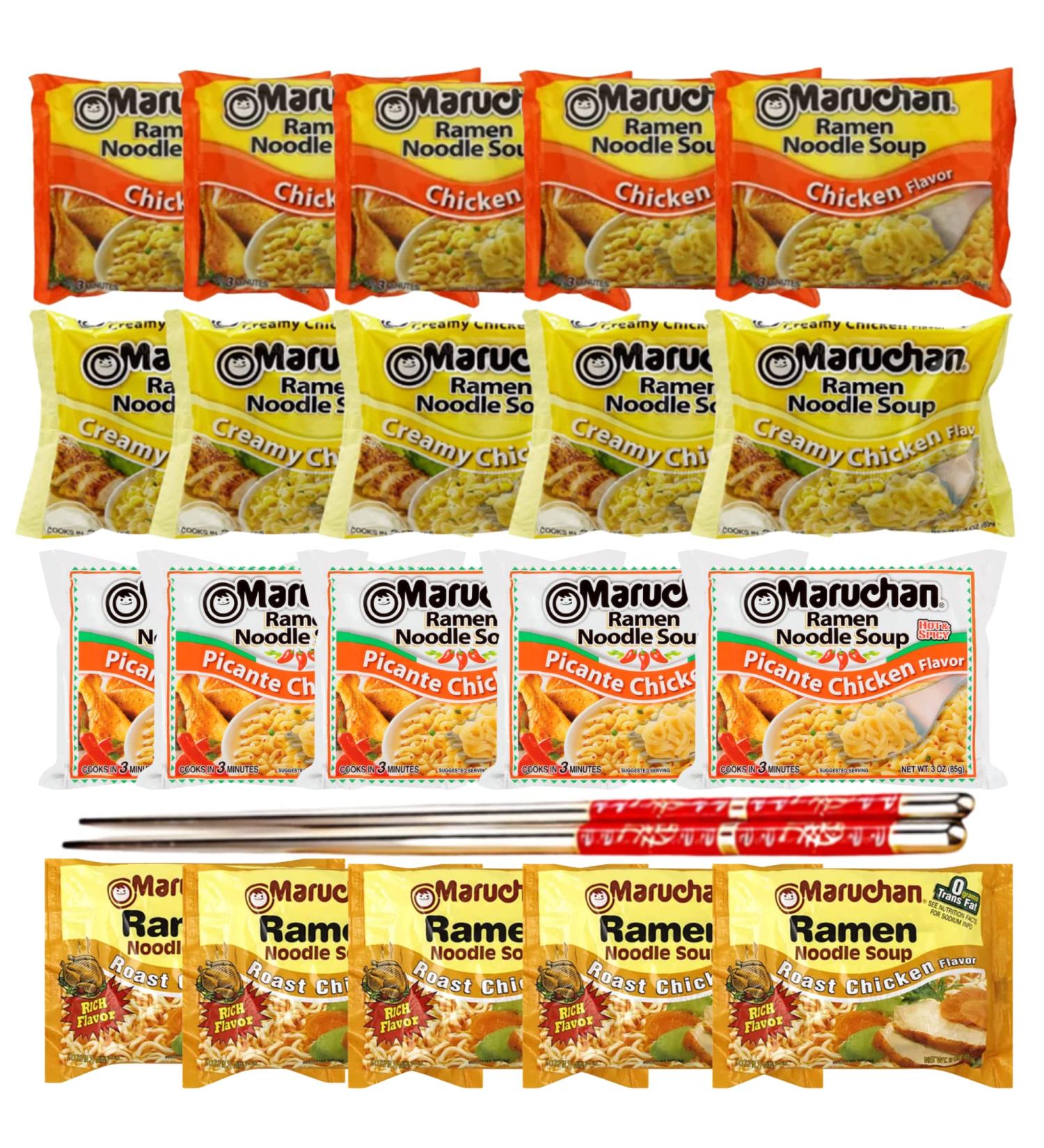 Ja Cor Instant Ramen Noodles Soup Variety Pack (5) Chicken (5) Creamy Chicken (5) Roast Chicken (5) Picante Chicken Flavor 3 oz Bundle with 1-Set Reusable Stainless Steel Chopsticks(Pack of 20) - Buy Online on GoSupps.com