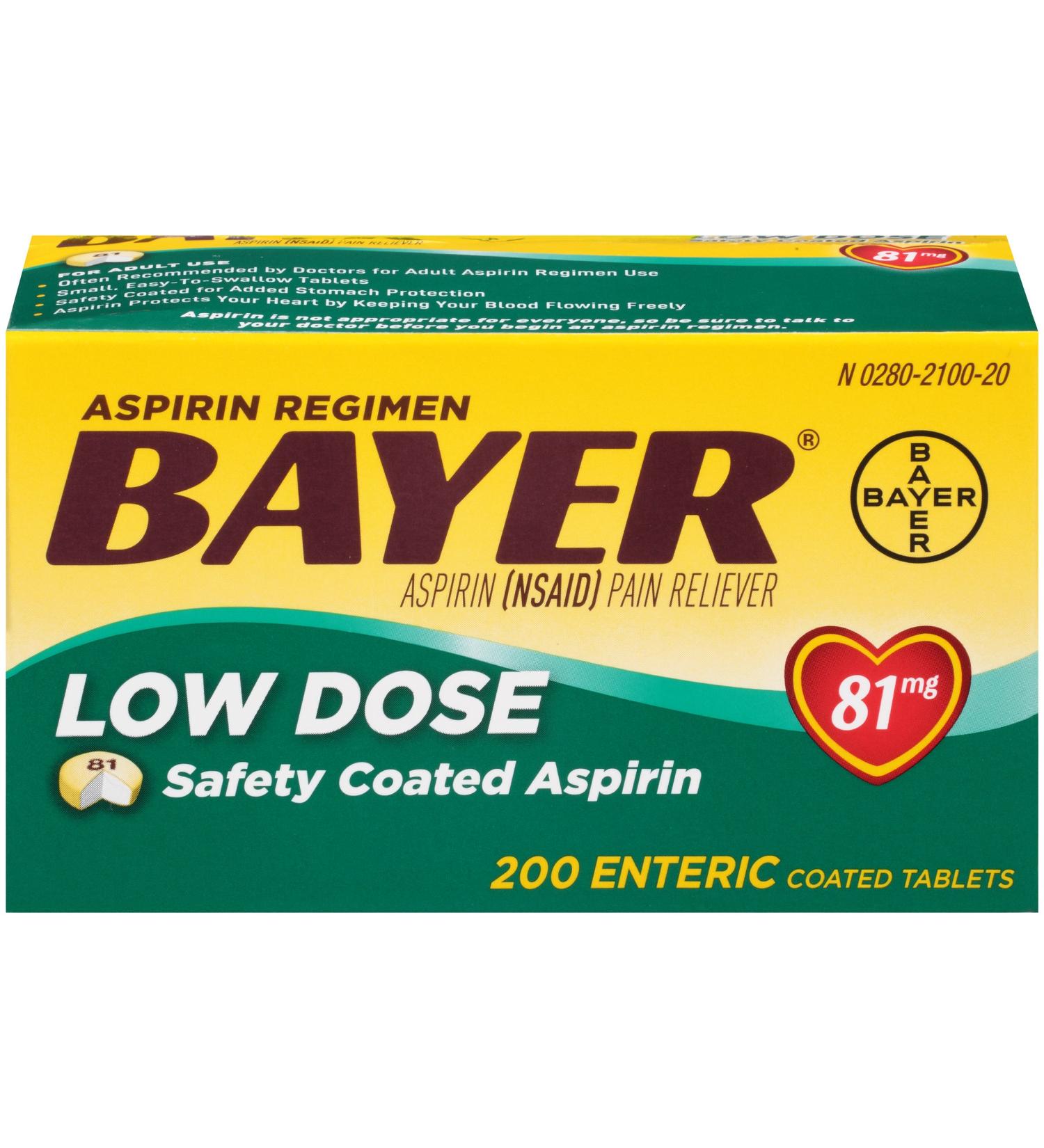 Bayer 81mg Enteric Coated Aspirin 200 Count - Pain Reliever/Fever Reducer - Buy Online on GoSupps.com