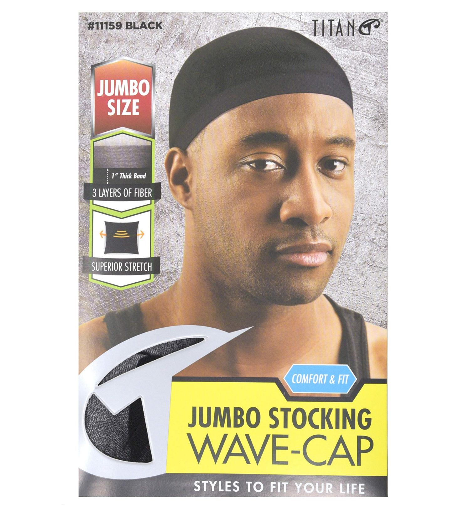 TITAN Classic Jumbo Stocking Wave Cap Black - 6 Pieces