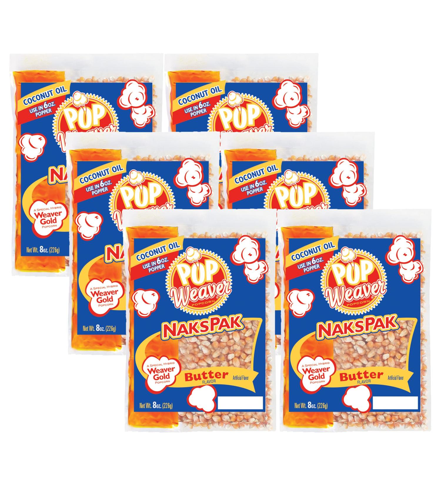 Pop Weaver Naks Pak - 8oz Butter Flavored Coconut Oil and Popcorn Packs - For Use in 6oz Popper Popping Machine - 6 Pack Butter 8 Ounce (Pack of 6)