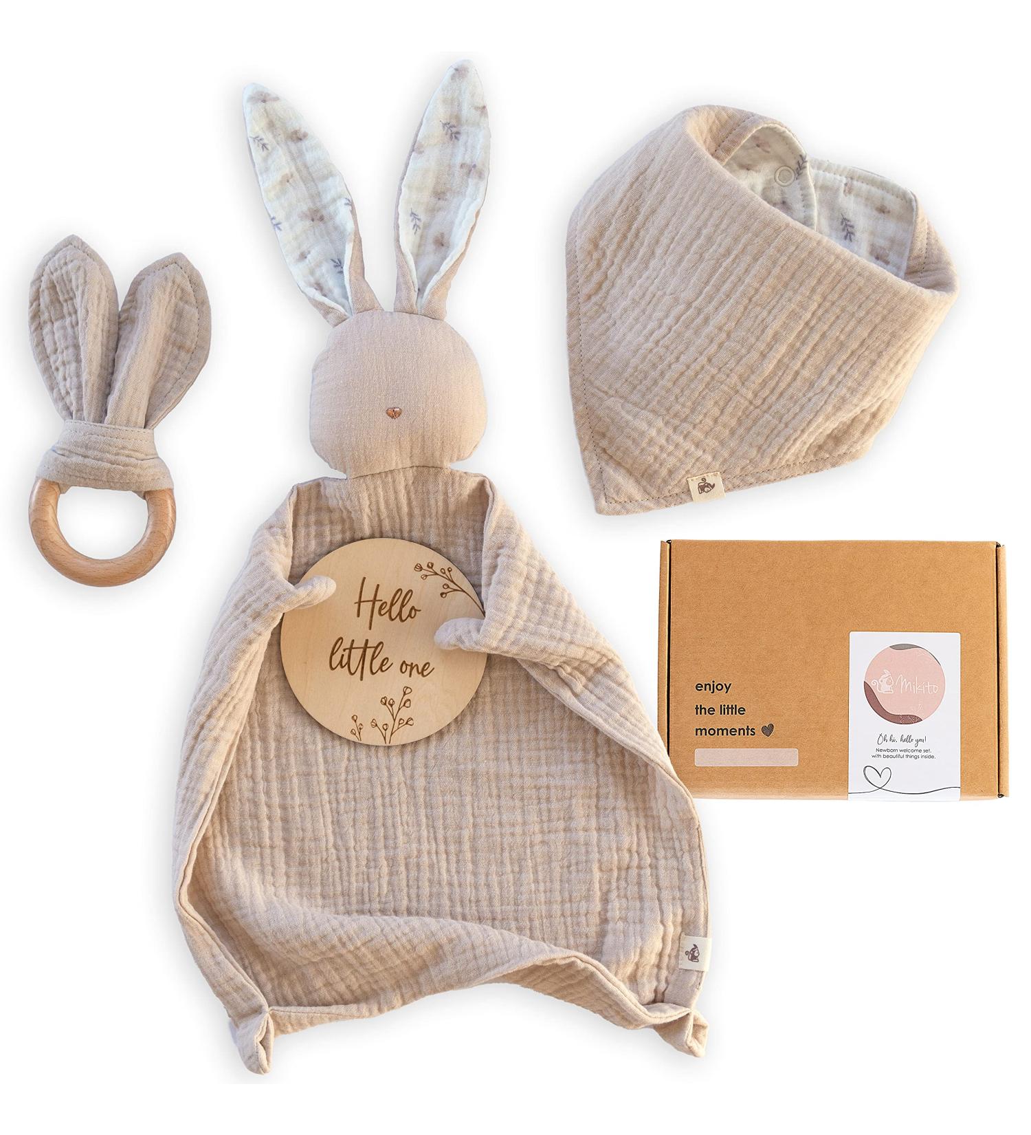 Mikito Organic Cotton Newborn Gifts Box - Unisex Baby Gift Set with Muslin Lovey, Bandana Bib, Teether, Birth Announcement Sign - Beige - Buy Online on GoSupps.com