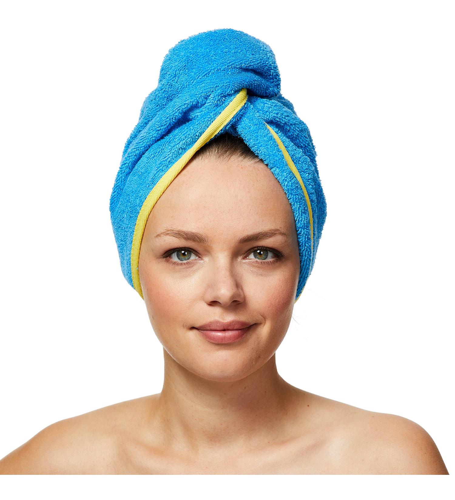 Sowel 100% Organic Cotton Hair Turban Towel with Button - Blue/Yellow | Unisex | Eco-Friendly Hair Drying Solution - Buy Online on GoSupps.com