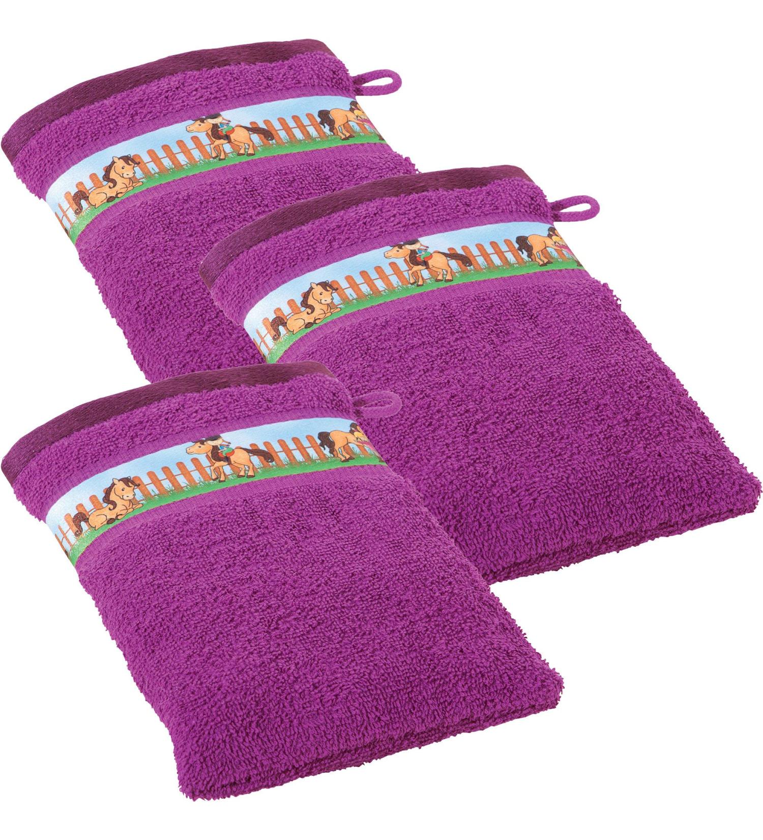 Erwin M ller Children's Waschrot Washy Pack Frottier Fuchsia Size 15x21 cm- with horse motif on border soft skin-friendly 100% cotton washing glove 3-pack |15x21 cm Fuchsia