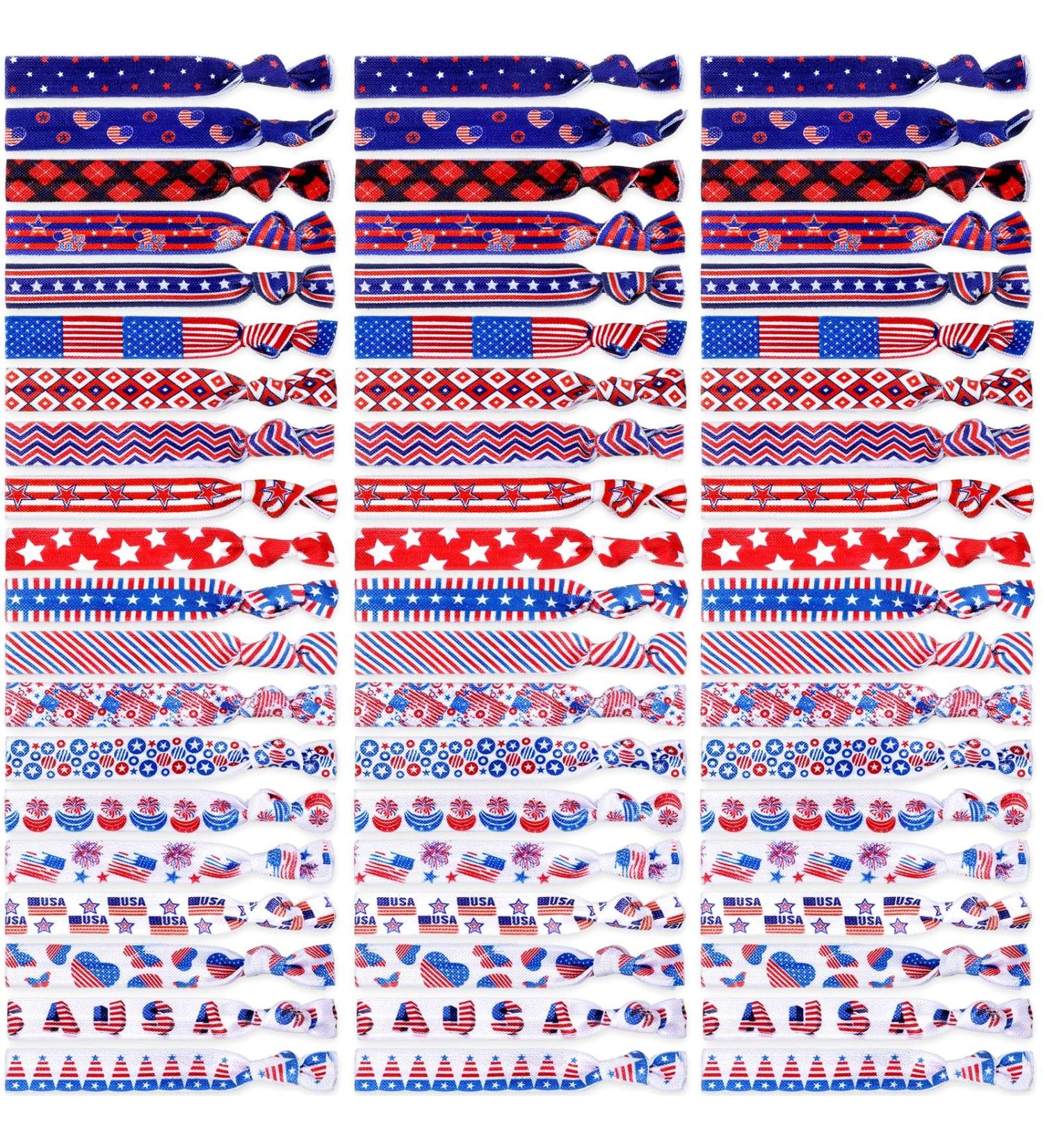 Patriotic Hair Ties Bulk - 60 Pieces Red, White, Blue Ribbon Hair Bands for 4th of July - Flag Style Hair Holders for Girls and Women - Buy Online on GoSupps.com