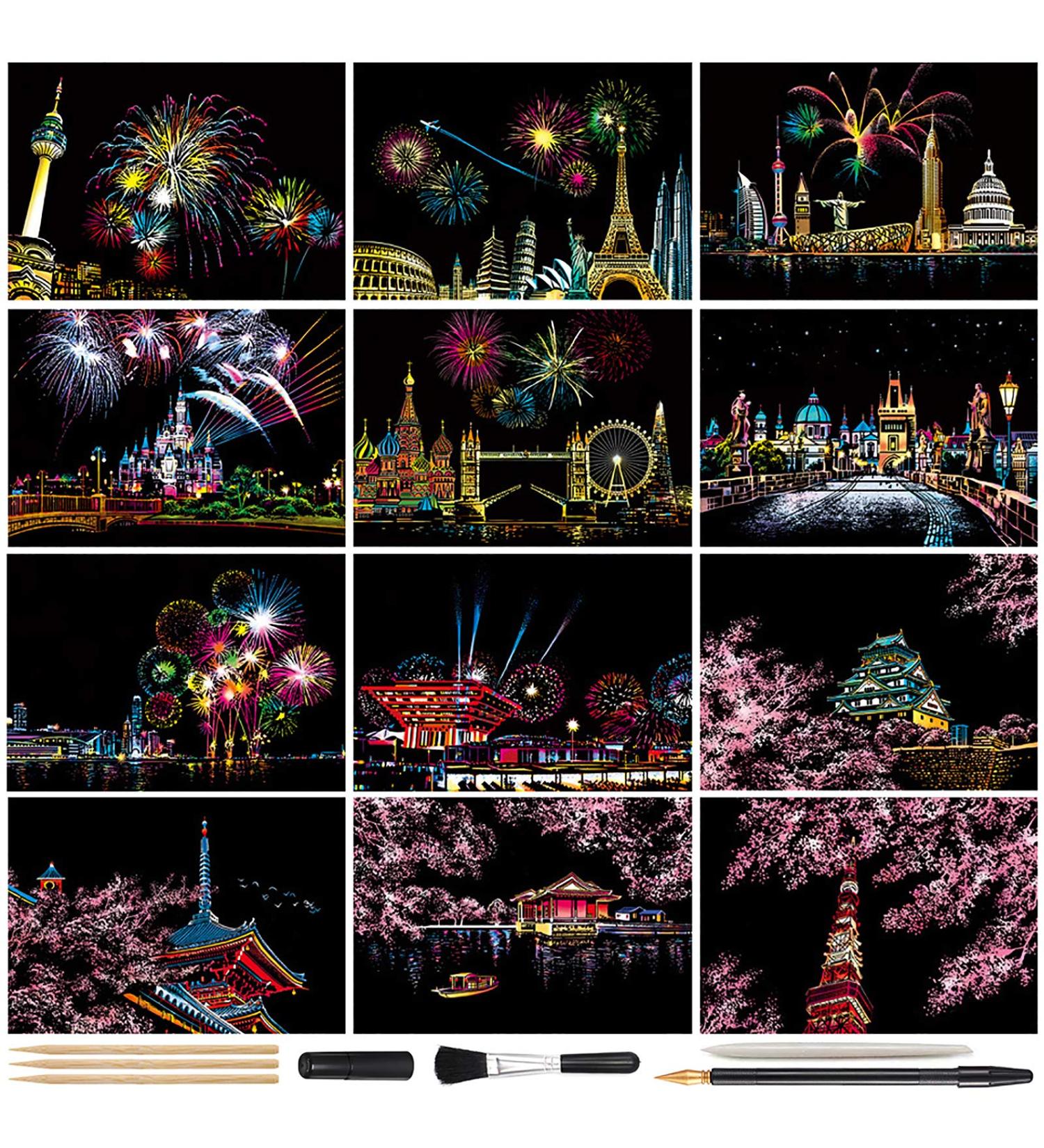Magic Scratch Art Paper Mini Envelope Postcard Set - Rainbow Night View Scratchboard for Adults and Kids - 12 Sheets Scratch Cards & 7 Tools - Art & Crafts Kit with Drawing Pen and Clean Brush (Colorful Fireworks) - Buy Online on GoSupps.com
