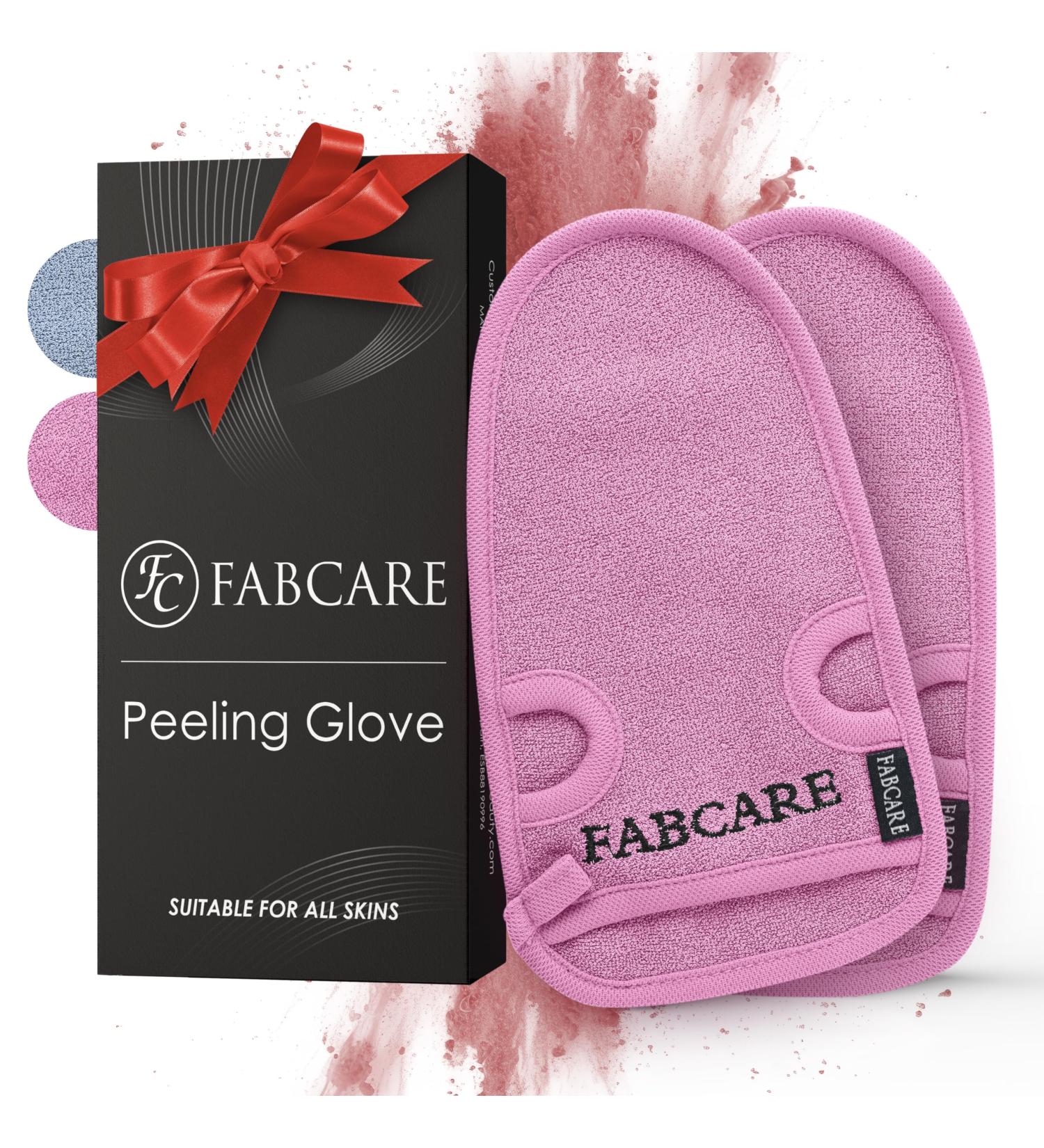 Fabcare Premium Peeling Glove & Sponge Set | Exfoliating Body & Face Scrub - 2 Pink Pieces with Suction Cups & eBook - Dermatest Rated Very Good - Buy Online on GoSupps.com