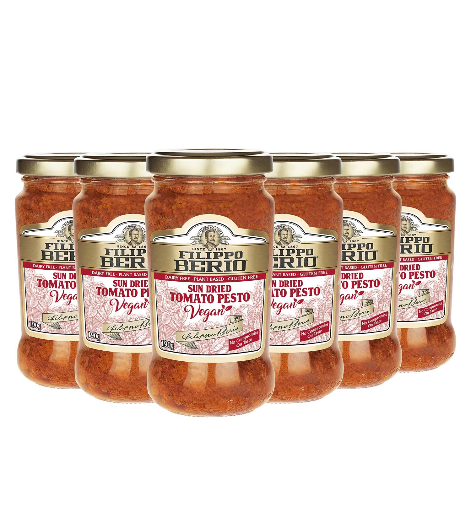 FILIPPO BERIO Vegan Red Pesto Sun-Dried Tomatoes Italian Red Vegan Pesto Pasta Sauce 190g (Pack of 6) - Buy Online on GoSupps.com