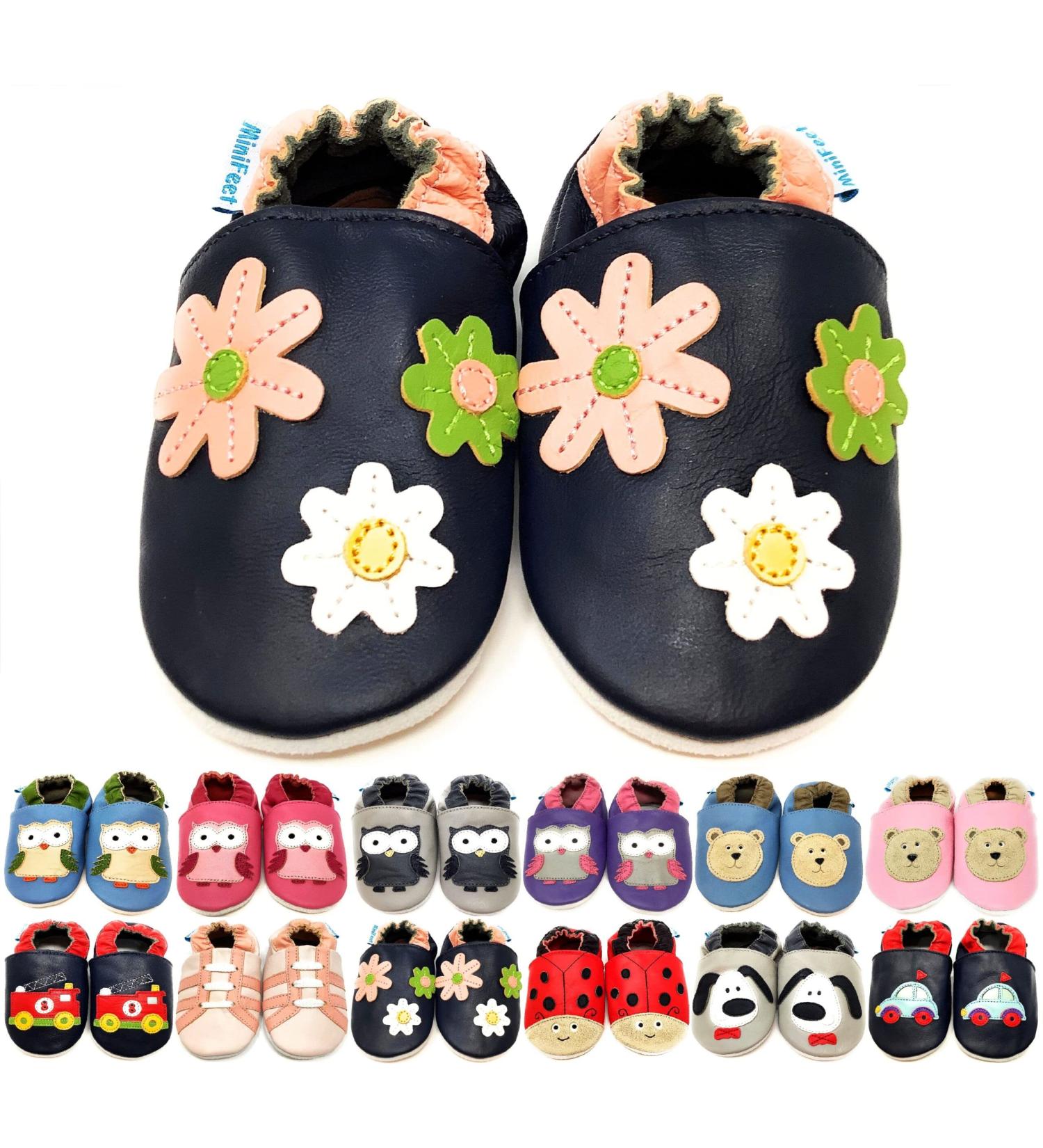 MiniFeet Premium Soft Leather Baby Shoes - Buy 4 Pairs, Get 1 Free! Navy Little Daisies - Toddler Shoes 0-6 Months to 4-5 Years - Buy Online on GoSupps.com