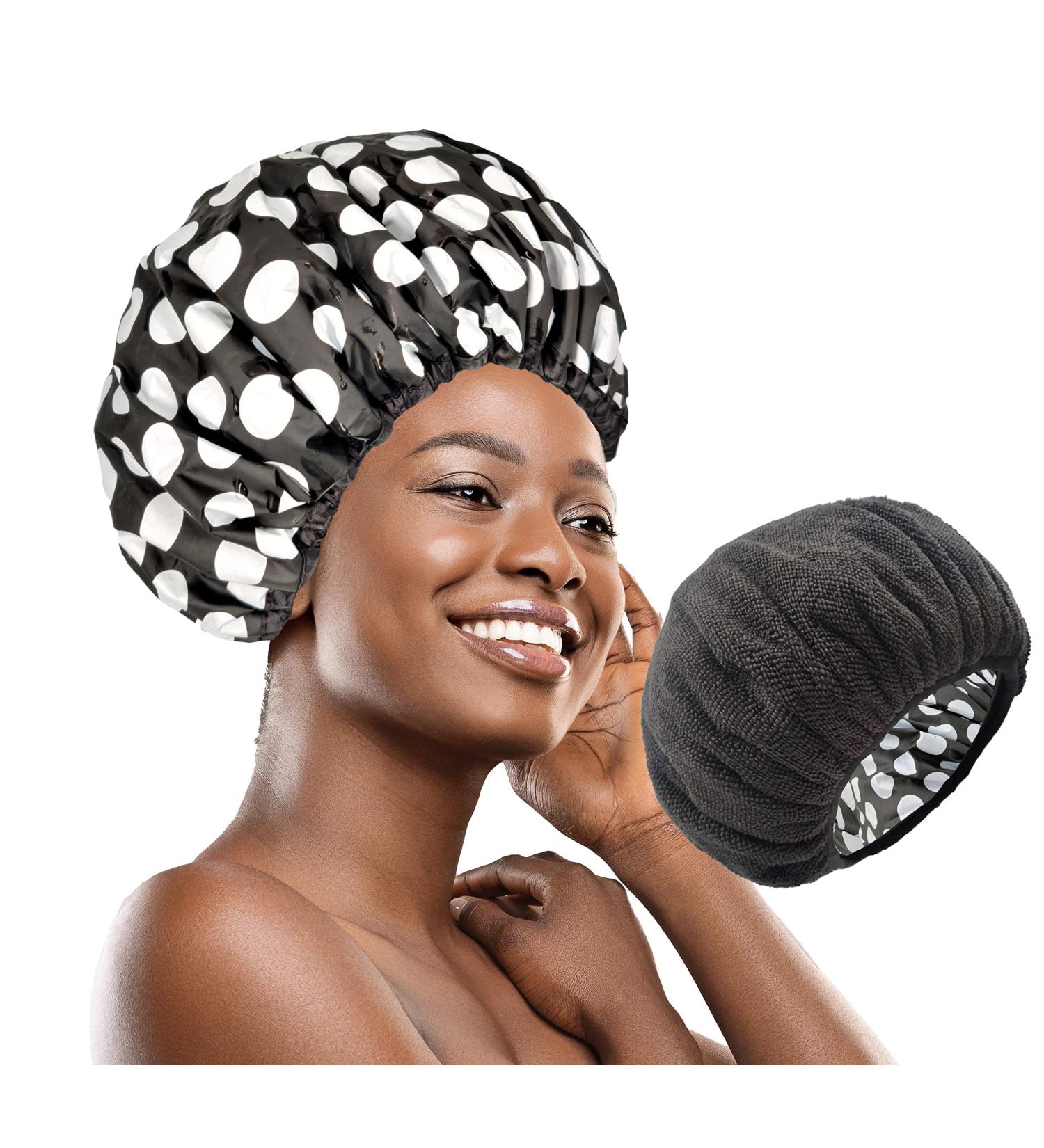 Terry Cloth Lined Shower Cap for Women - Black & White Dots Design | Reusable Waterproof Bath Cap with Microfiber Dry Hair Function - Buy Online on GoSupps.com