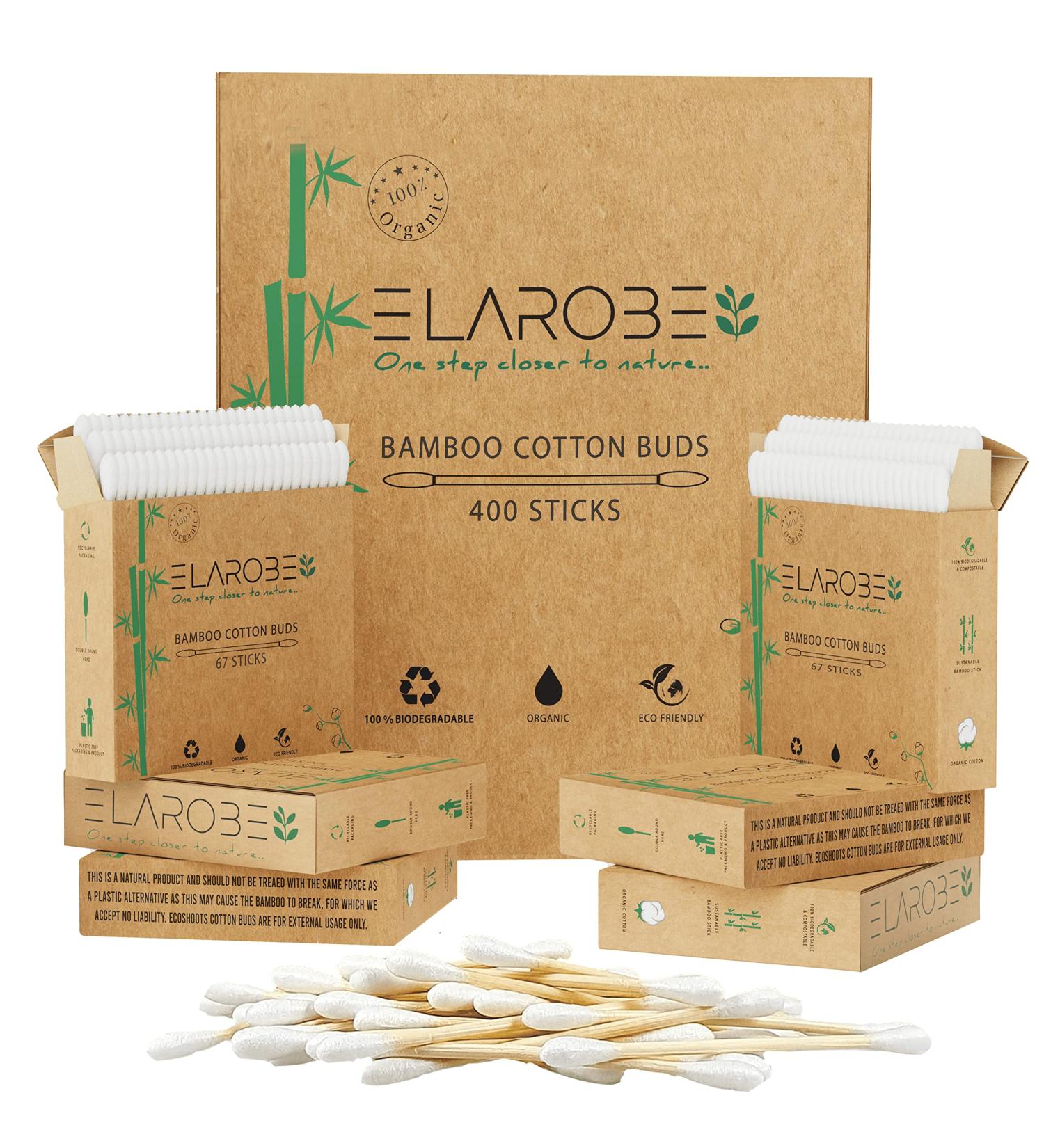 ELAROBE 400 Bamboo Cotton Buds | 100% Organic & Biodegradable Ear Buds | Sustainable Ear Cleaning & Makeup Tool (6x67-Pack) - Buy Online on GoSupps.com