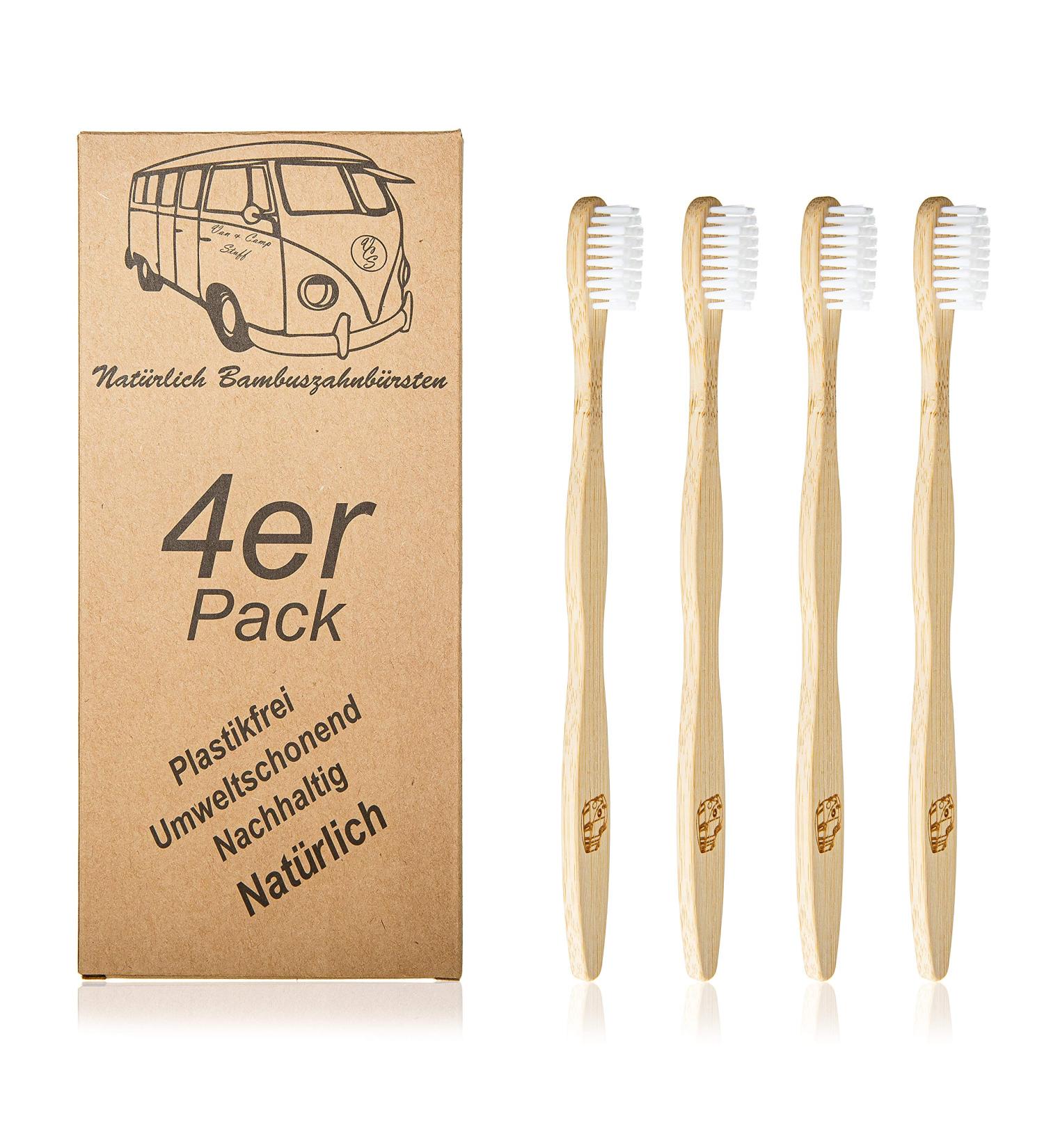 Pack of 4 Eco-Friendly Bamboo Toothbrushes - Sustainable Degradable VW Bus Logo Natural Bristle - Perfect for Your Van & Camp Adventures - Buy Online on GoSupps.com