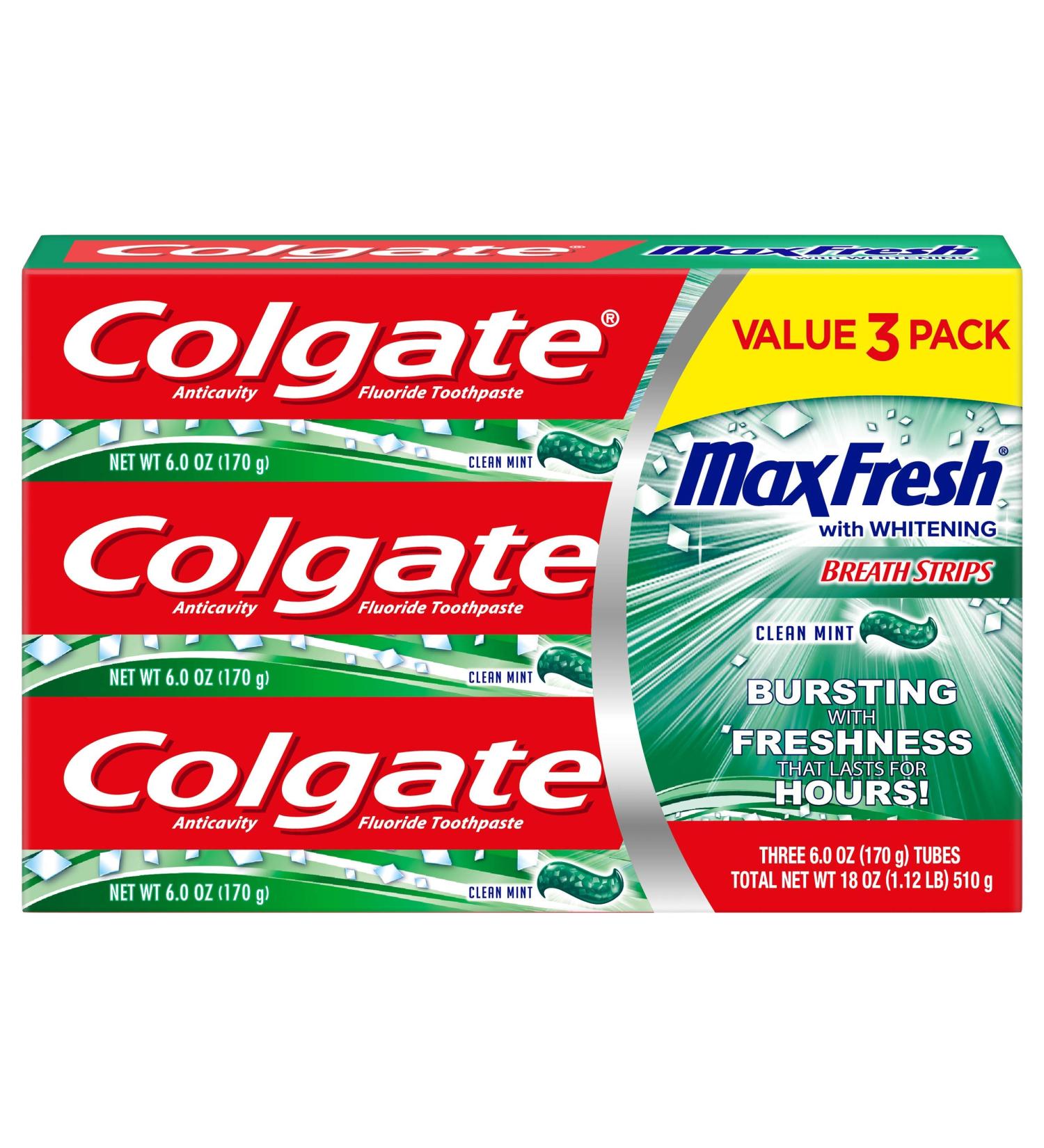 Buy Colgate Max Fresh Whitening Toothpaste with Mini Breath Strips - Clean Mint 36 Ounce (Pack of 6) | International Shipping Available - Buy Online on GoSupps.com