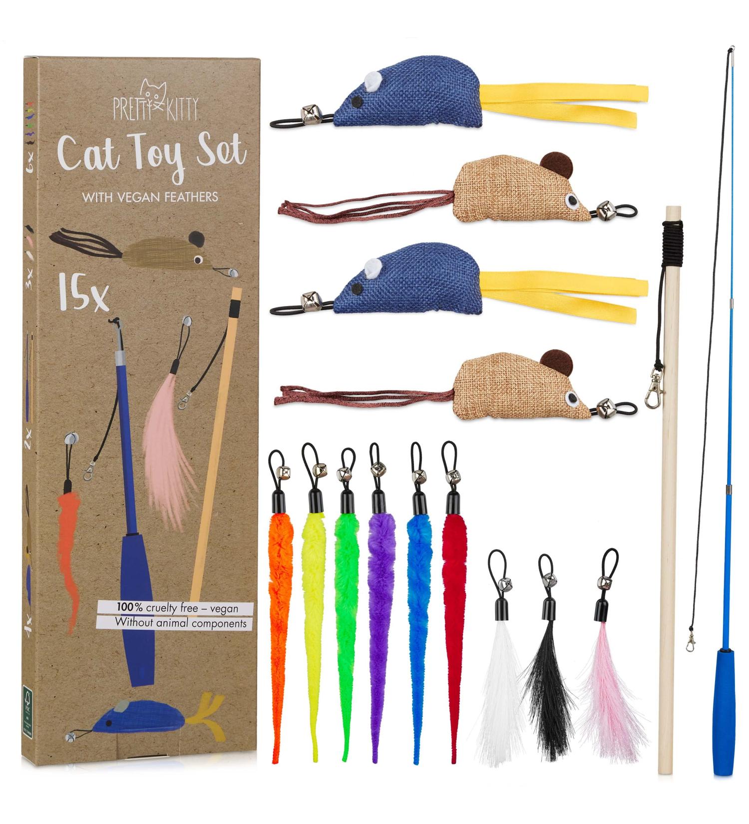 Pretty Kitty Cat Toy Set - 15-Piece Vegan Cat Toys with Feathers & Catnip for Happy Felines - Buy Online on GoSupps.com