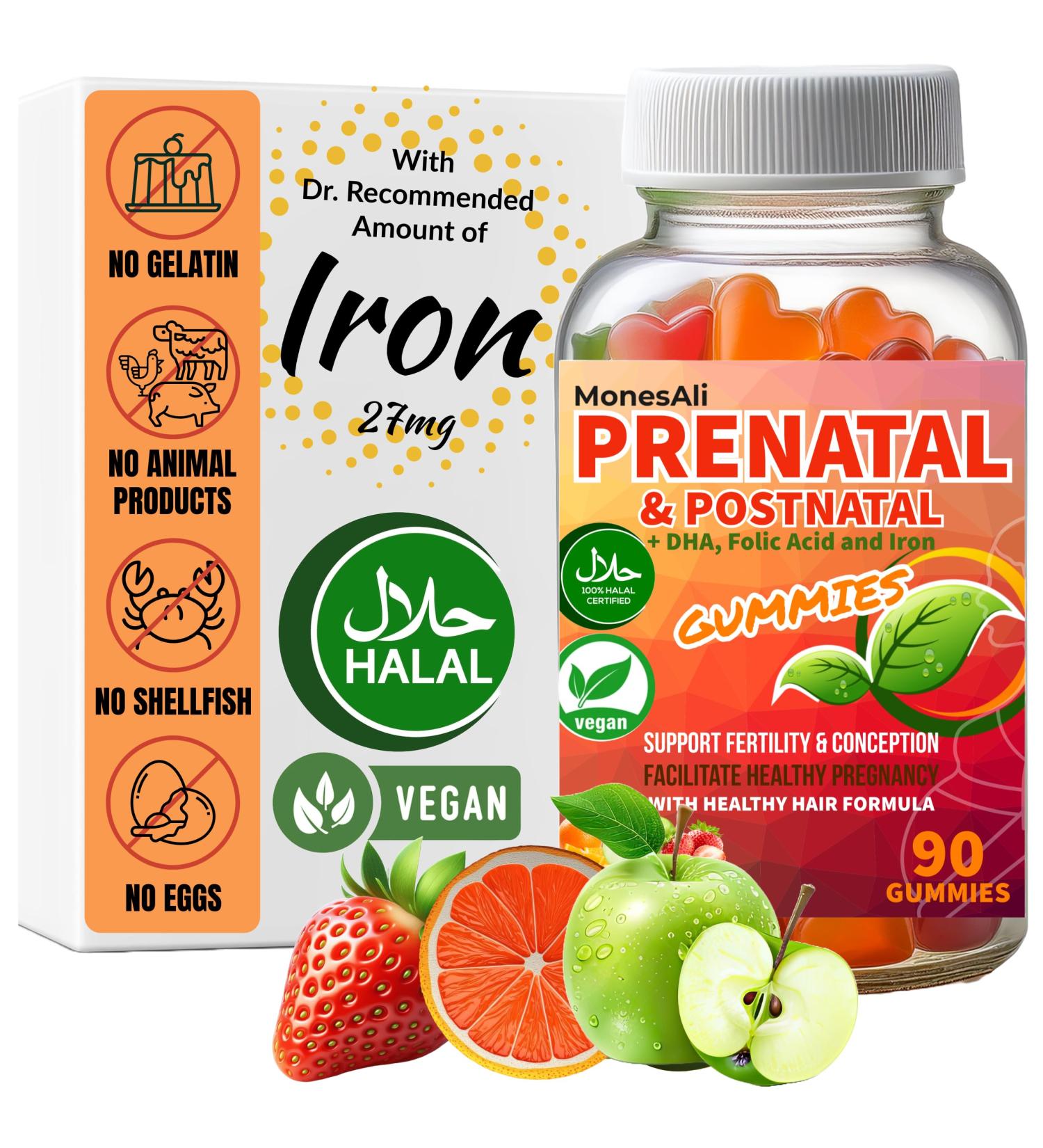 Prenatal Gummies for Women Vitamins| & Postnatal | Vegan Halal Gelatin Free | with Folate Iron & Biotin | Supports Pregnancy Postpartum Energy & Hair Health Orange & Strawberry 90 Count (Pack of 1) - Buy Online on GoSupps.com