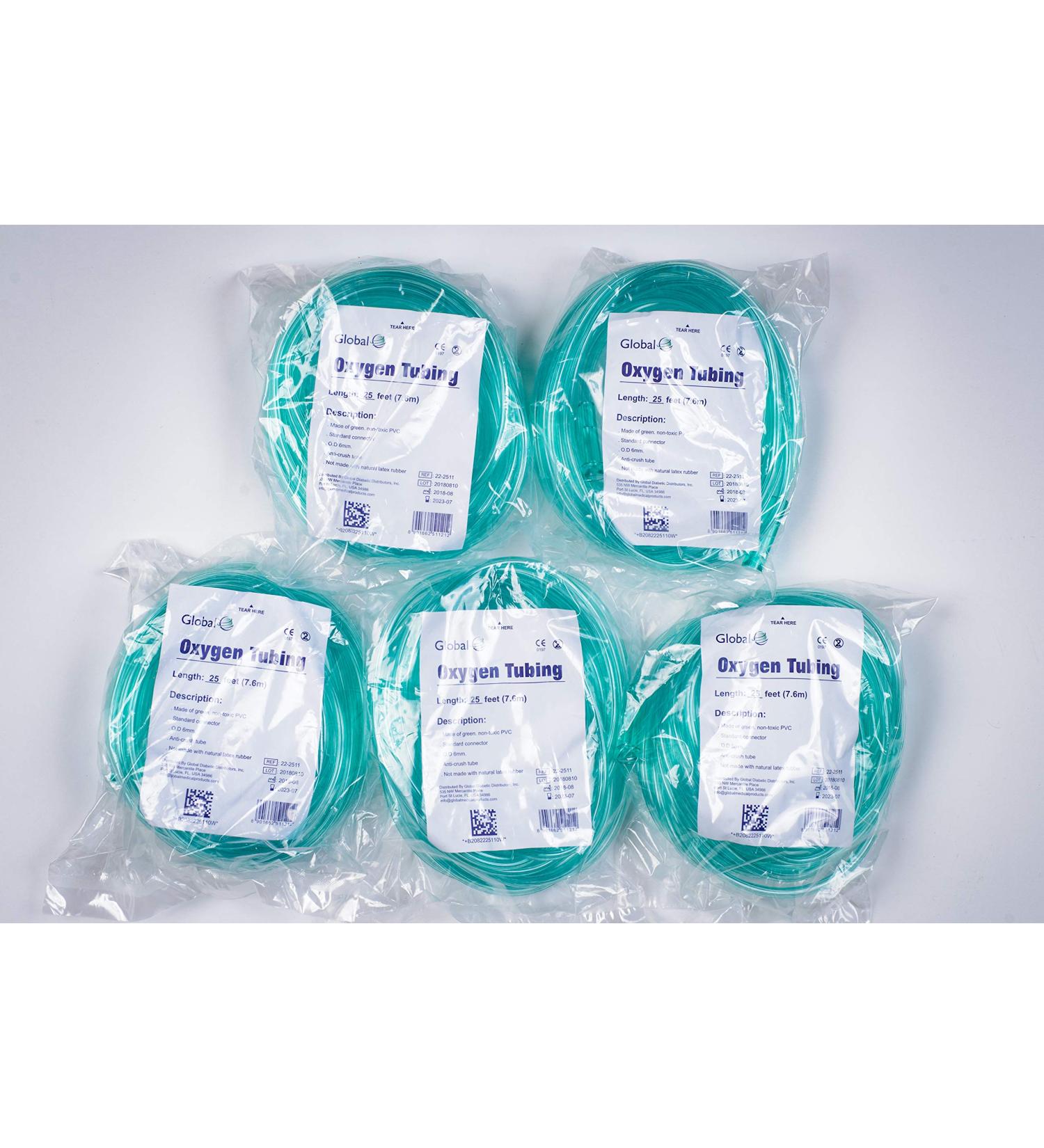 Global Crush Resistant Oxygen Tubing - 25'(25 ft) Tubing, Green - 5 Pack
