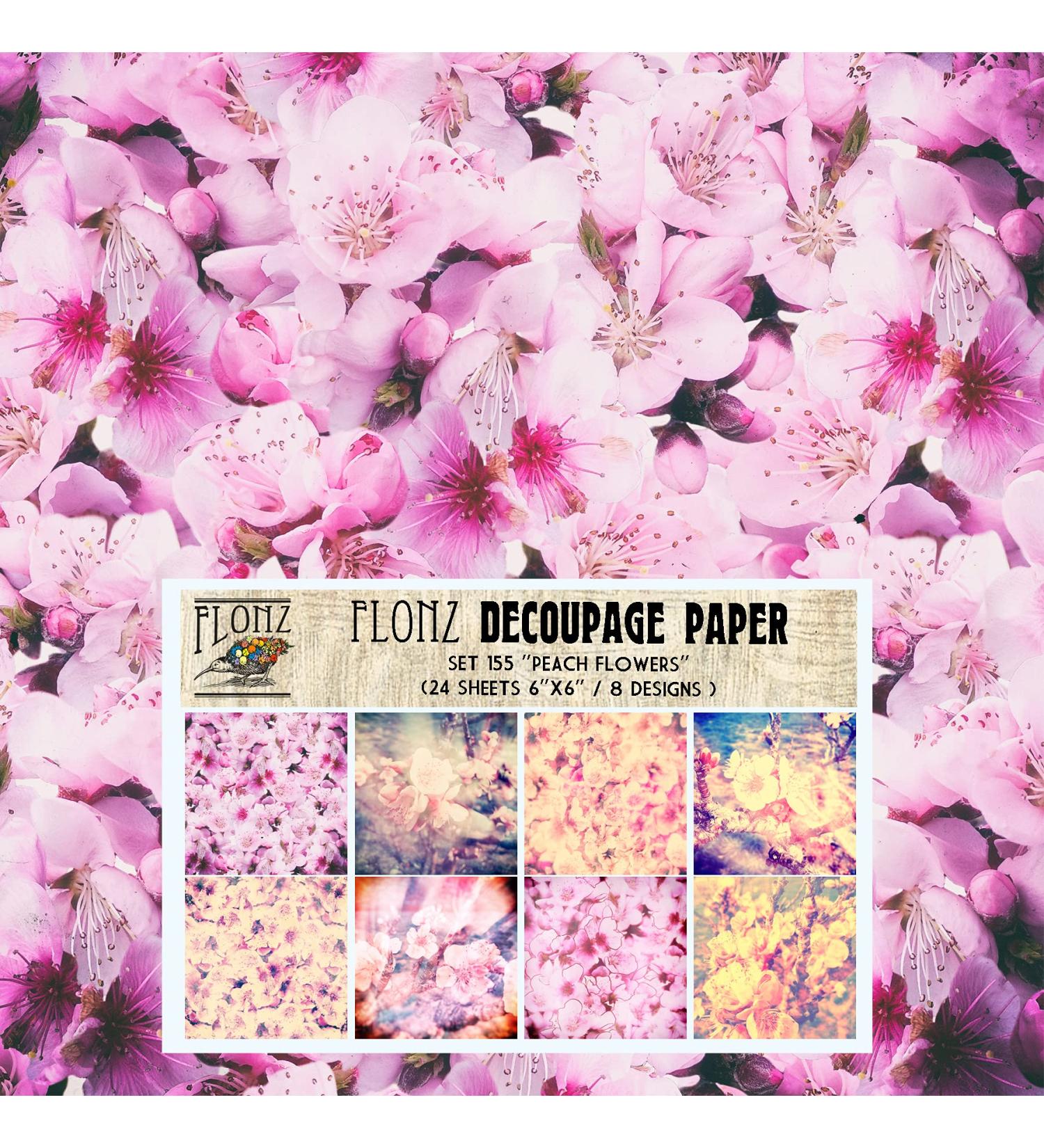 Decoupage Paper Pack (24 Sheets 6"x6") Peach Flowers Patterns FLONZ Vintage Styled Seamless Pattern Paper for Decoupage, Craft and Scrapbooking Flowering Peach Photos Spring Sakura Four