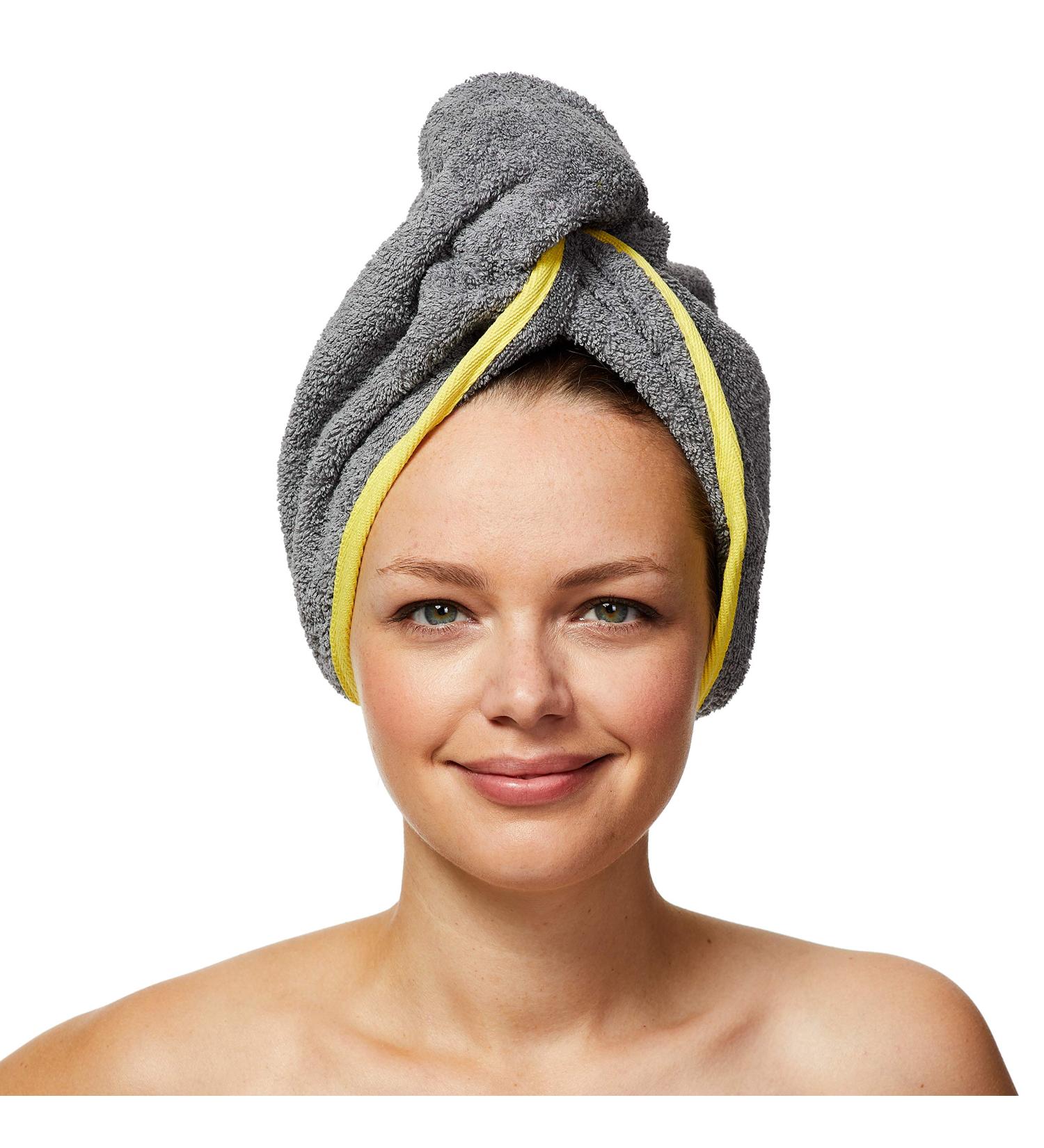 Sowel 100% Organic Cotton Hair Turban Towel - Unisex Grey/Yellow with Button | Ideal for Quick Drying & Hair Care - Buy Online on GoSupps.com