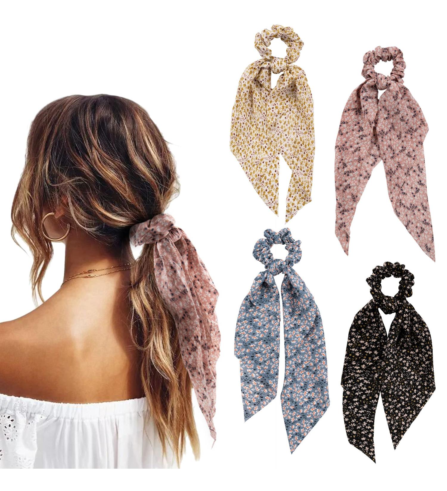 YOHAMA Floral Print Scarf Scrunchies with Tail Ribbons - 4 Pack | Women Hair Ties Ponytail Holder for Bun Hairstyles & Curly Hair - Perfect Girlfriend Gift & Holiday Decoration - Buy Online on GoSupps.com