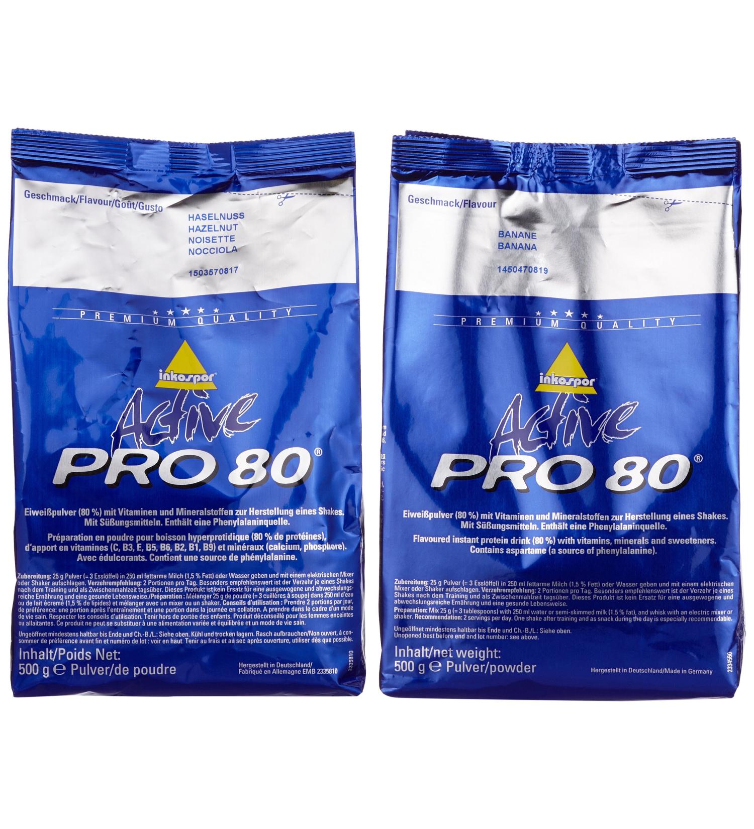 Inkospor Active Proteinshake Pro 80 Bags - 2-Pack Banana/Hazelnut & 1-Pack 1kg - High-Quality Protein for Optimal Performance - Buy Online on GoSupps.com