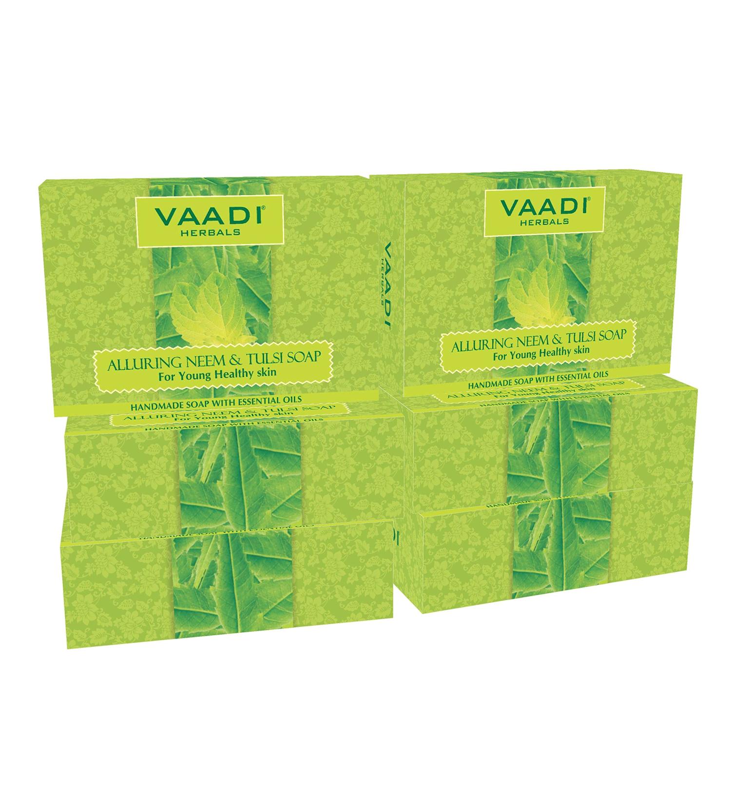 Vaadi Herbals Neem Tulsi Bar Soap with Tea Tree Oil - Handmade Herbal Soap with 100% Pure Essential Oils - ALL Natural - Each 2.65 Oz - Pack of 6 (16 Oz) Neem Tulsi Soap 15.9 Ounce (Pack of 1)